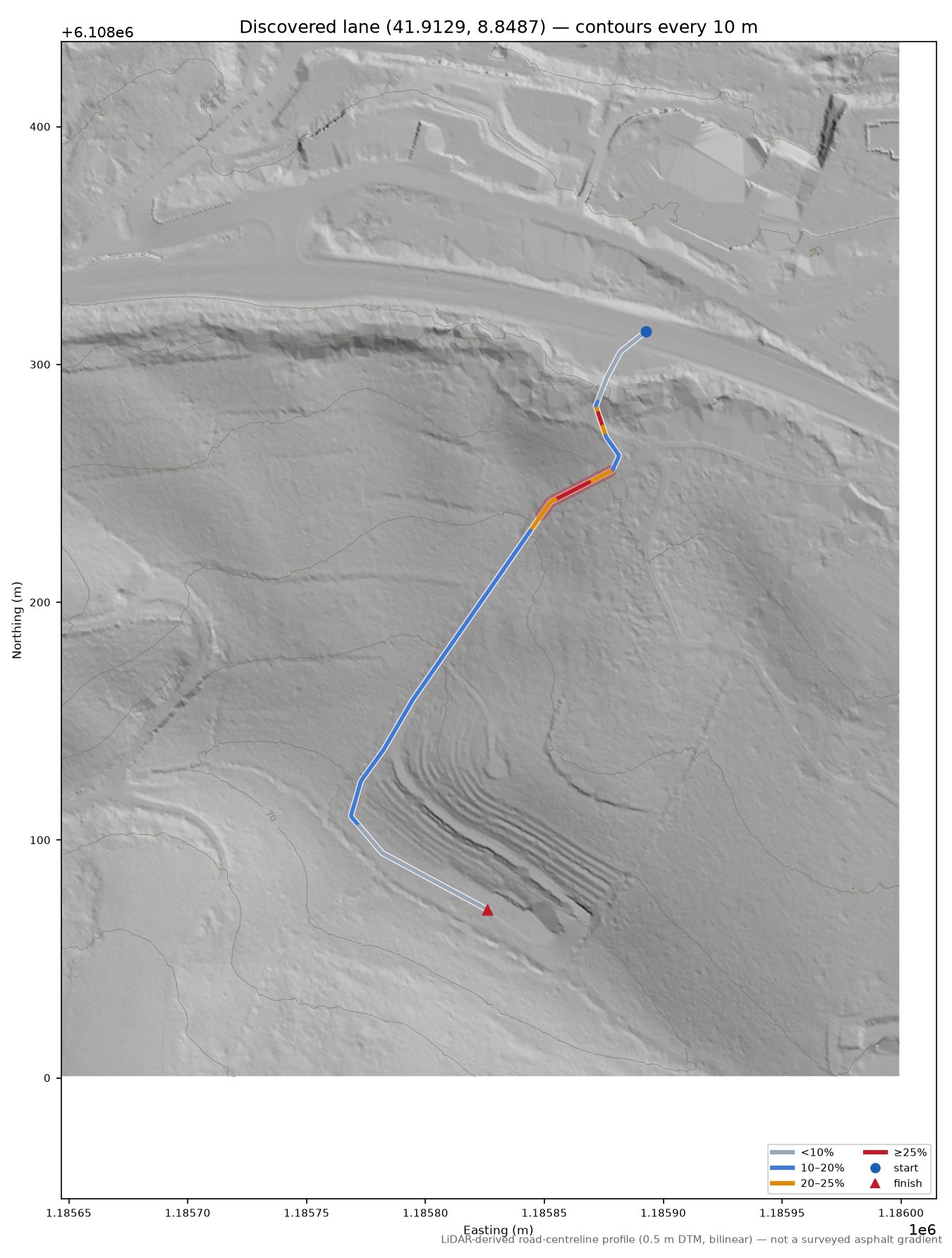 Discovered lane (41.9129, 8.8487) LiDAR hillshade map with contours