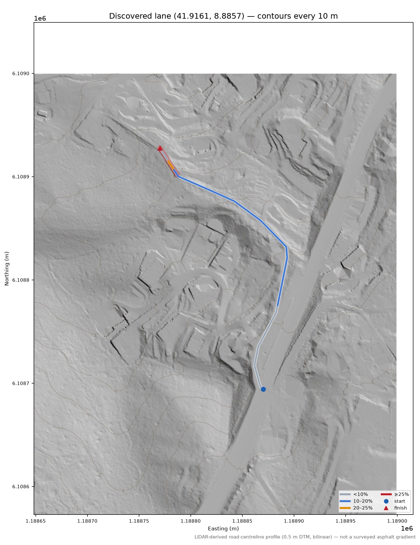 Discovered lane (41.9161, 8.8857) LiDAR hillshade map with contours