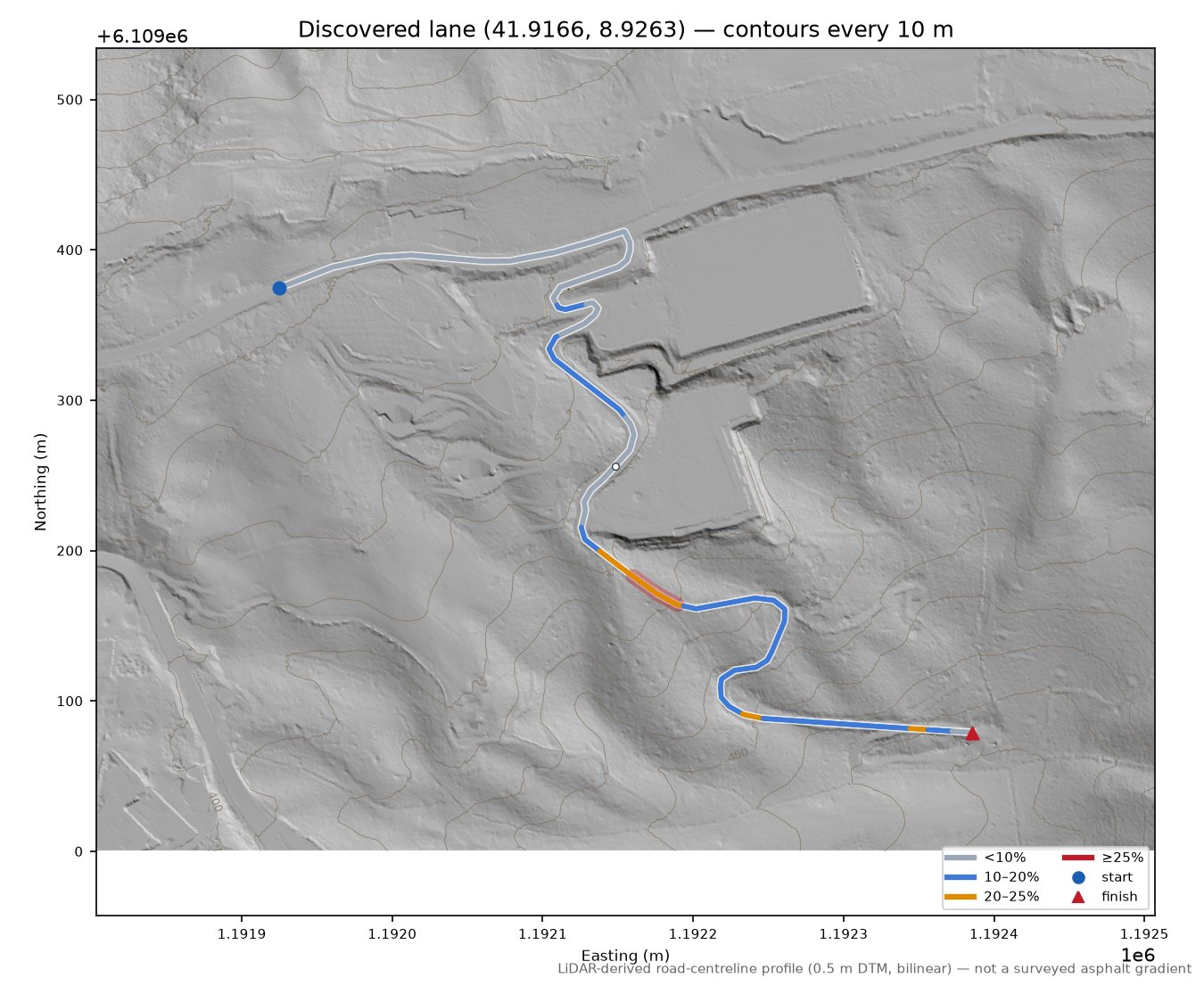 Discovered lane (41.9166, 8.9263) LiDAR hillshade map with contours
