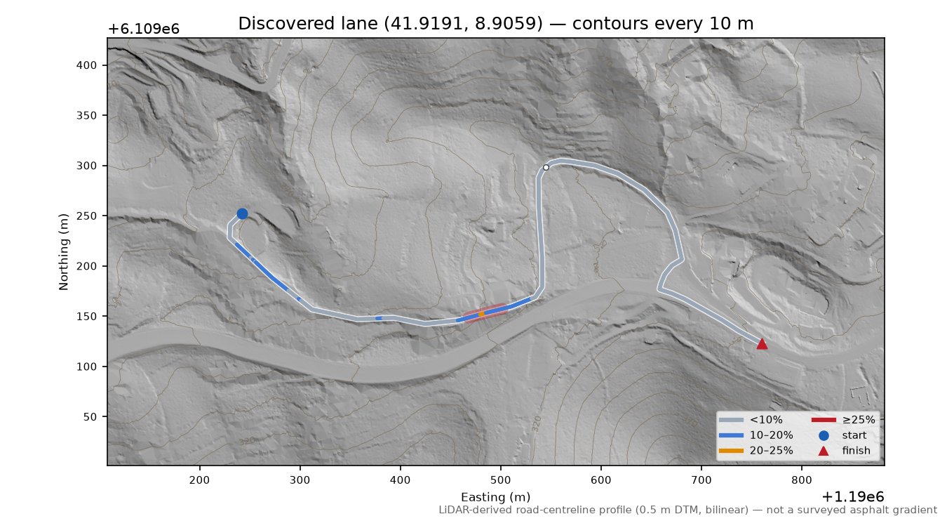 Discovered lane (41.9191, 8.9059) LiDAR hillshade map with contours