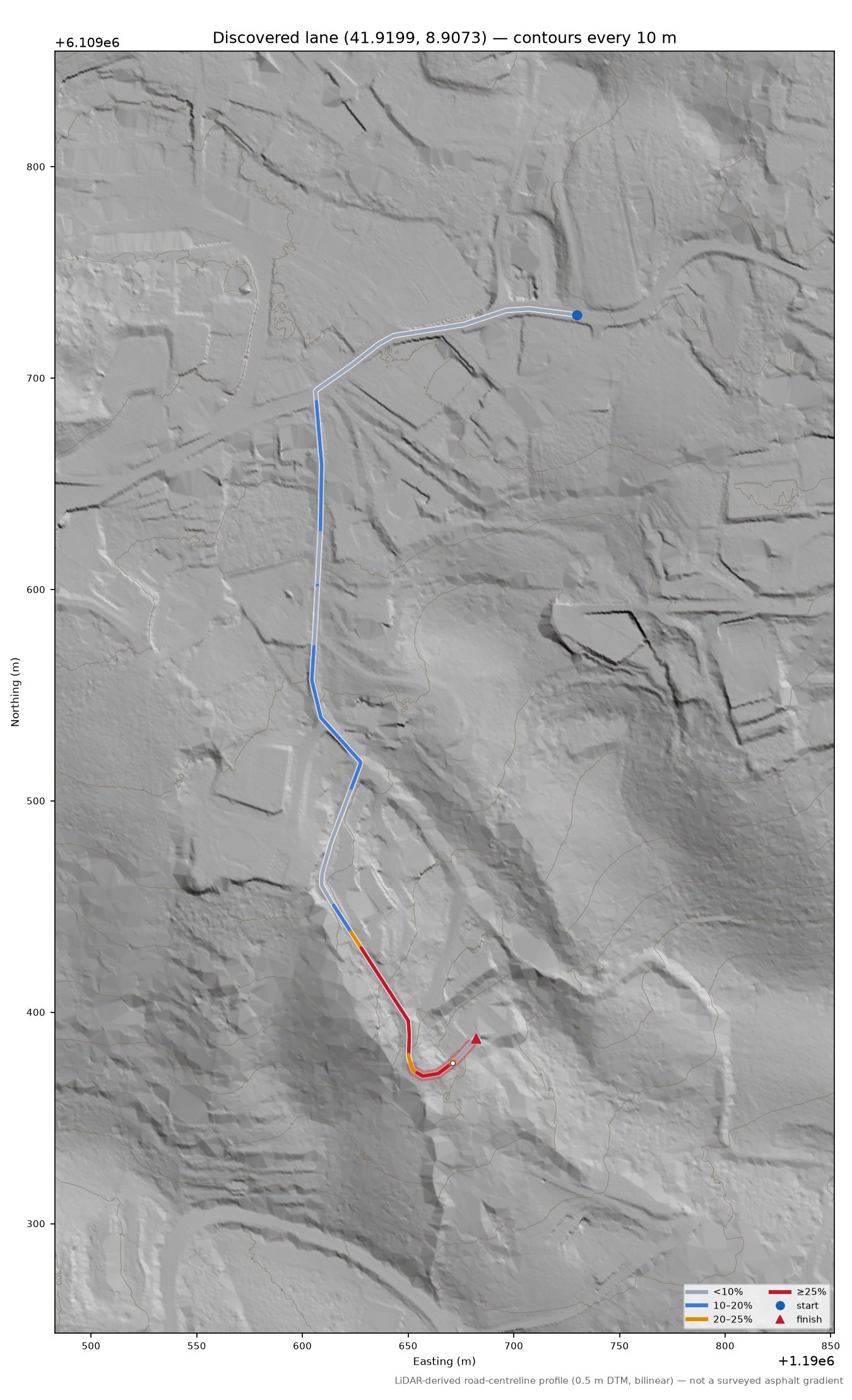 Discovered lane (41.9199, 8.9073) LiDAR hillshade map with contours