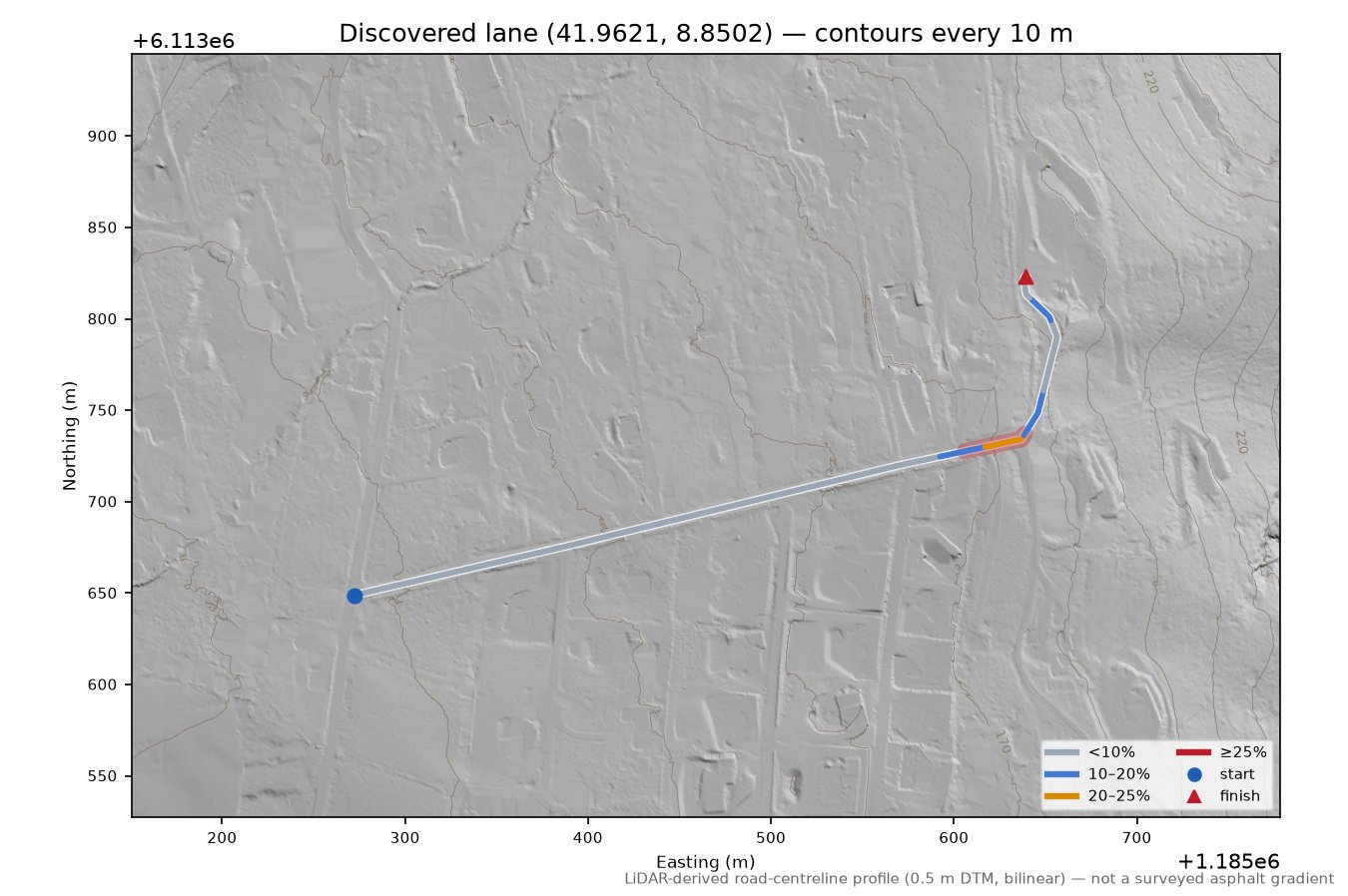 Discovered lane (41.9621, 8.8502) LiDAR hillshade map with contours