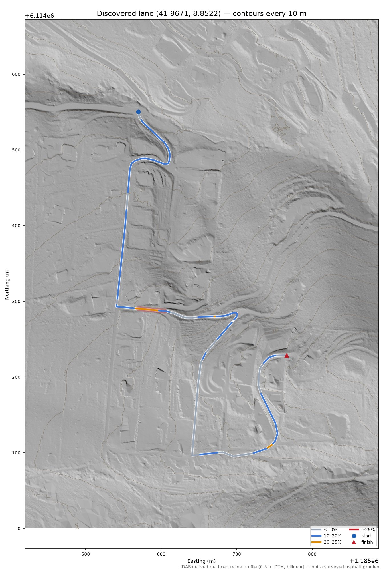 Discovered lane (41.9671, 8.8522) LiDAR hillshade map with contours