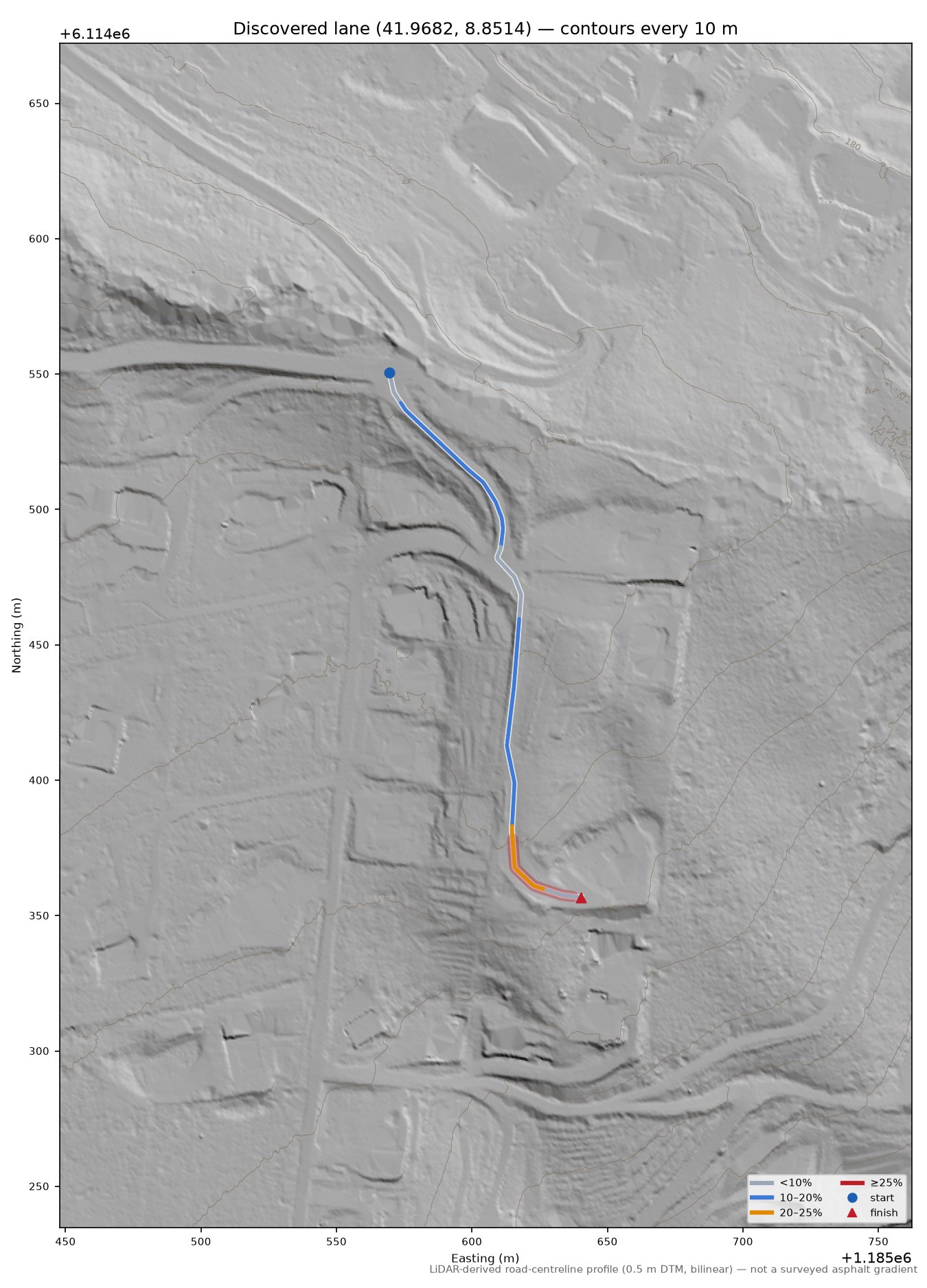 Discovered lane (41.9682, 8.8514) LiDAR hillshade map with contours