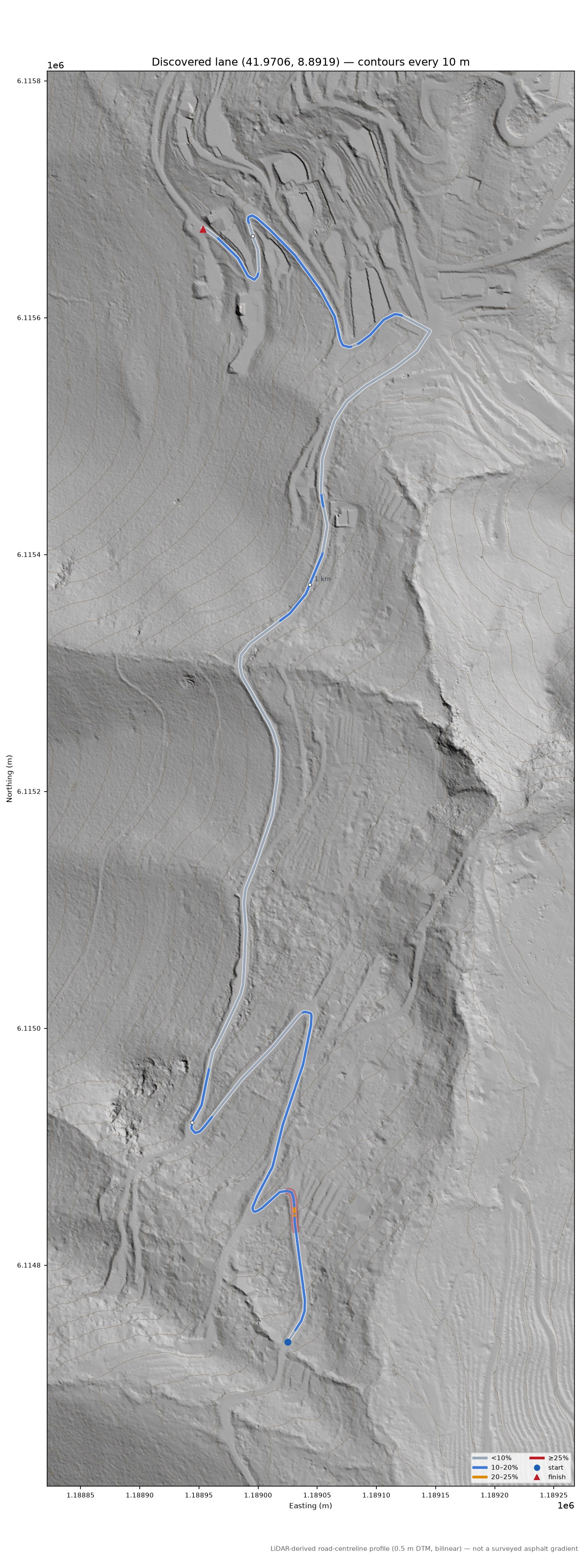 Discovered lane (41.9706, 8.8919) LiDAR hillshade map with contours