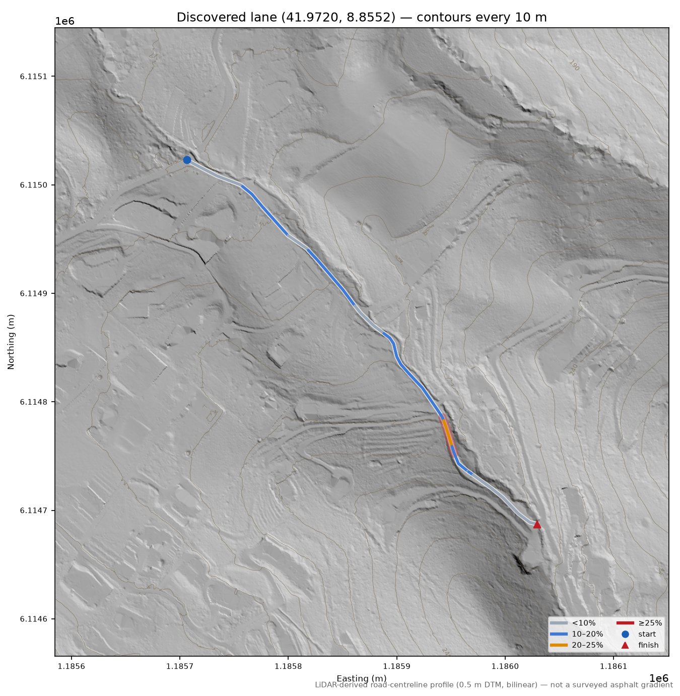Discovered lane (41.9720, 8.8552) LiDAR hillshade map with contours