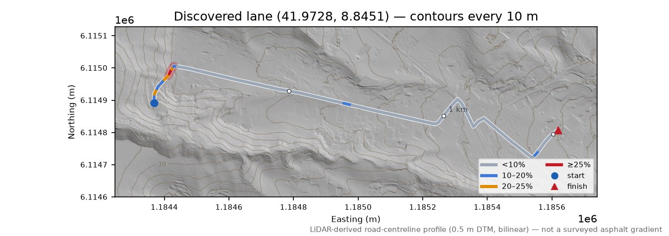 Discovered lane (41.9728, 8.8451) LiDAR hillshade map with contours