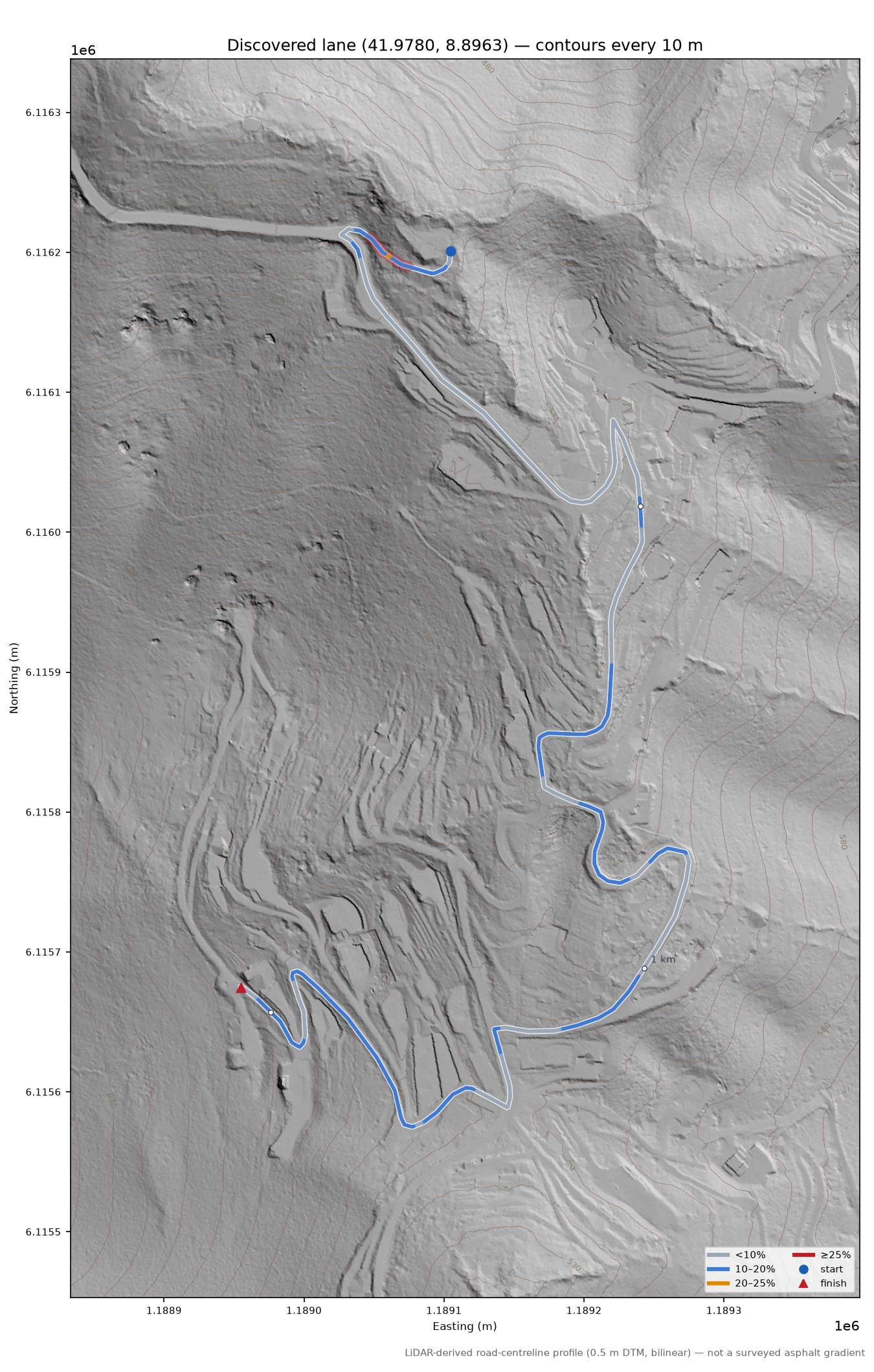 Discovered lane (41.9780, 8.8963) LiDAR hillshade map with contours