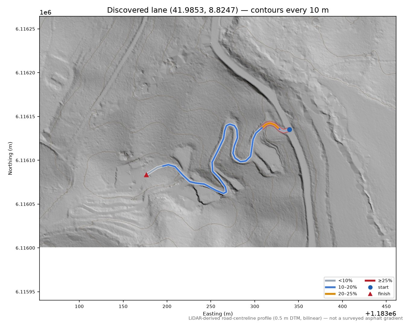 Discovered lane (41.9853, 8.8247) LiDAR hillshade map with contours