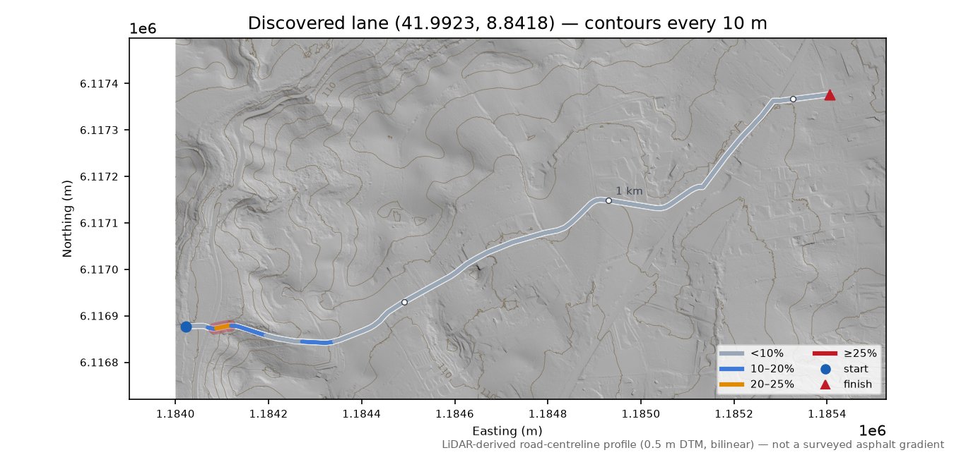 Discovered lane (41.9923, 8.8418) LiDAR hillshade map with contours