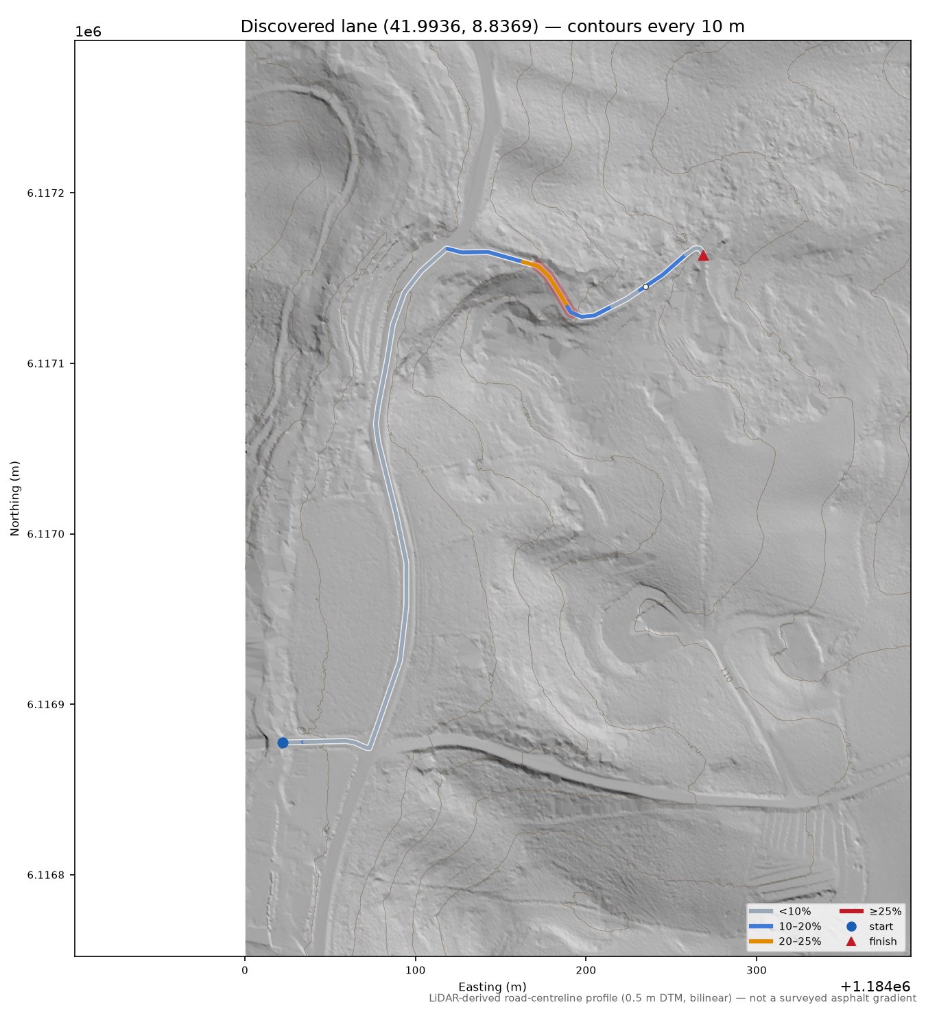 Discovered lane (41.9936, 8.8369) LiDAR hillshade map with contours