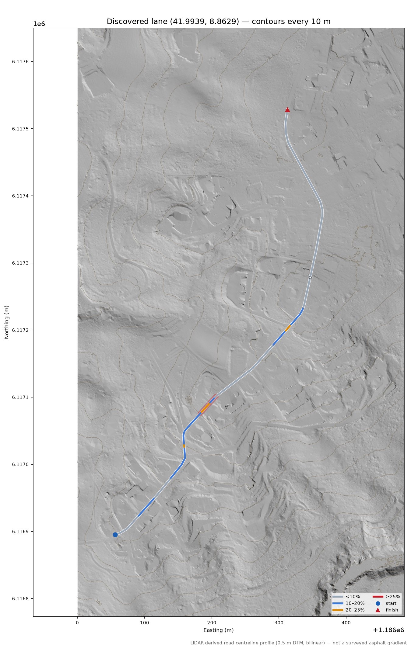 Discovered lane (41.9939, 8.8629) LiDAR hillshade map with contours