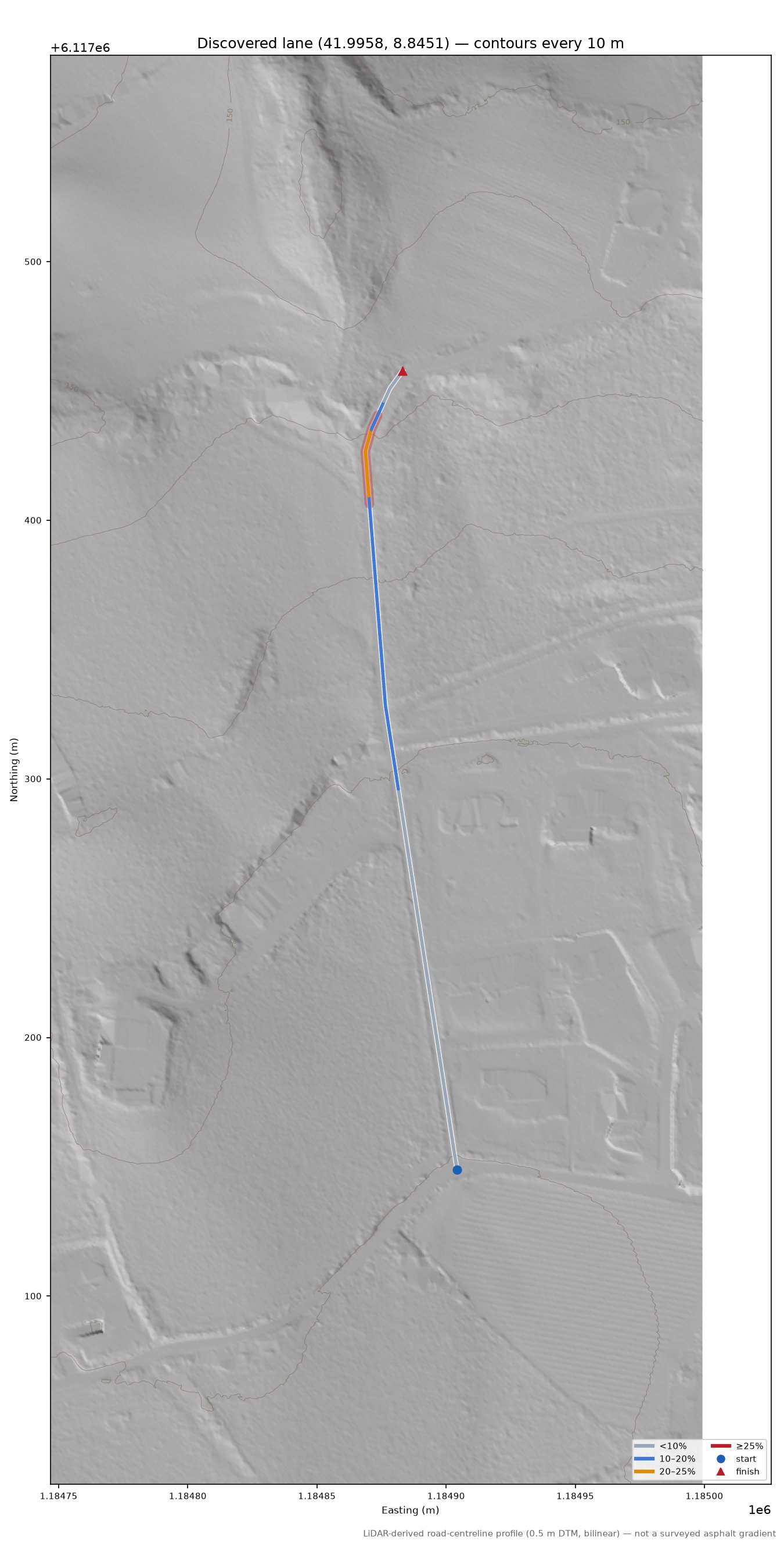 Discovered lane (41.9958, 8.8451) LiDAR hillshade map with contours
