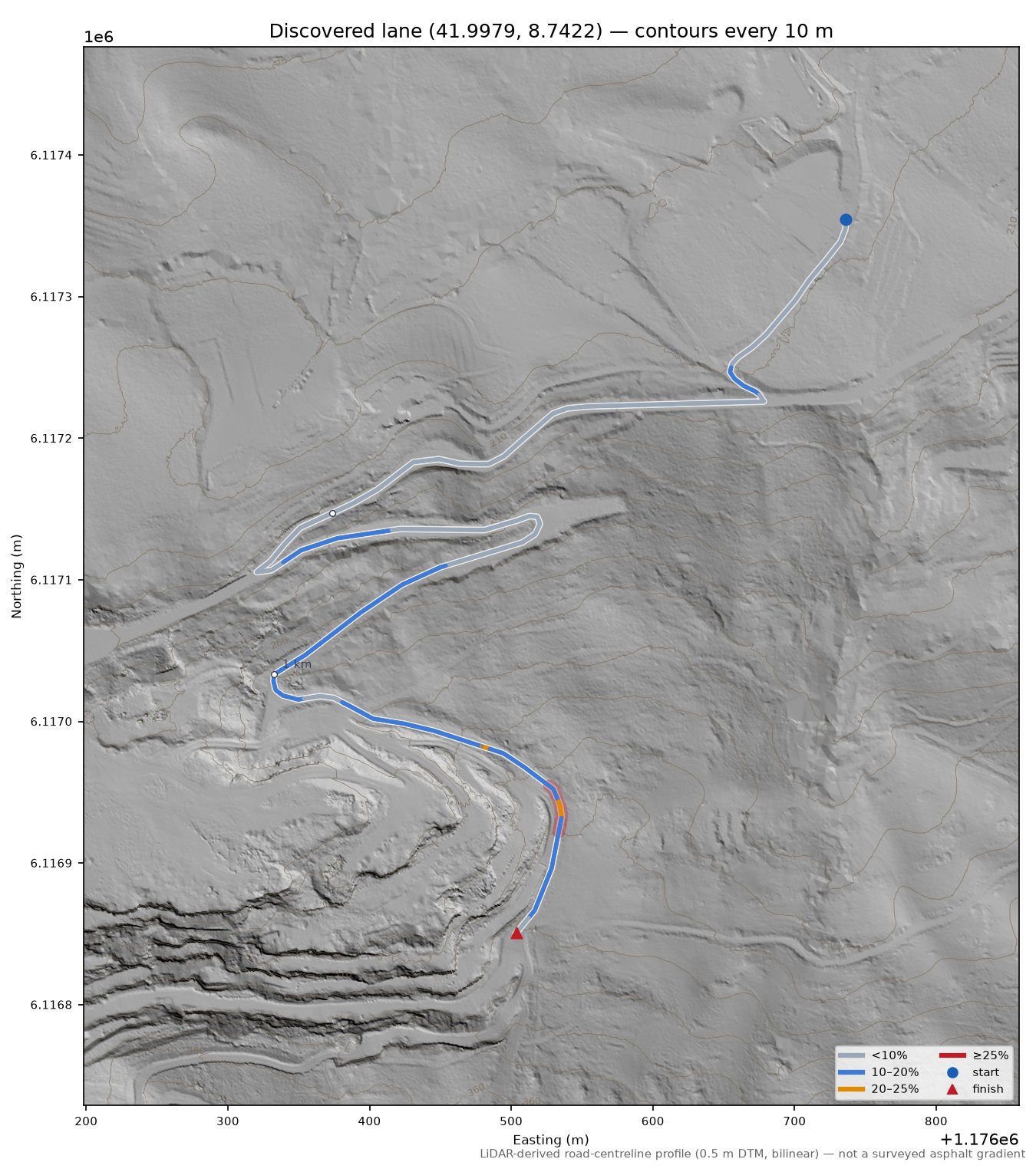 Discovered lane (41.9979, 8.7422) LiDAR hillshade map with contours
