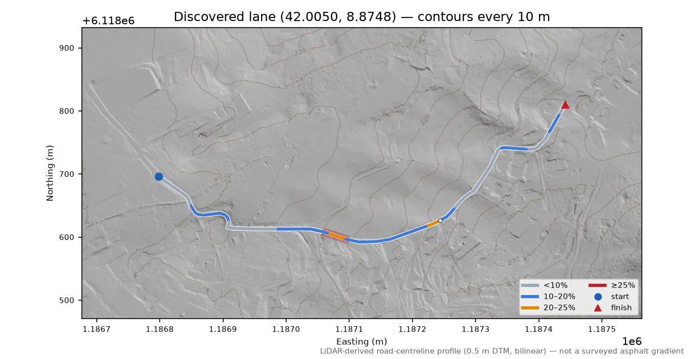 Discovered lane (42.0050, 8.8748) LiDAR hillshade map with contours