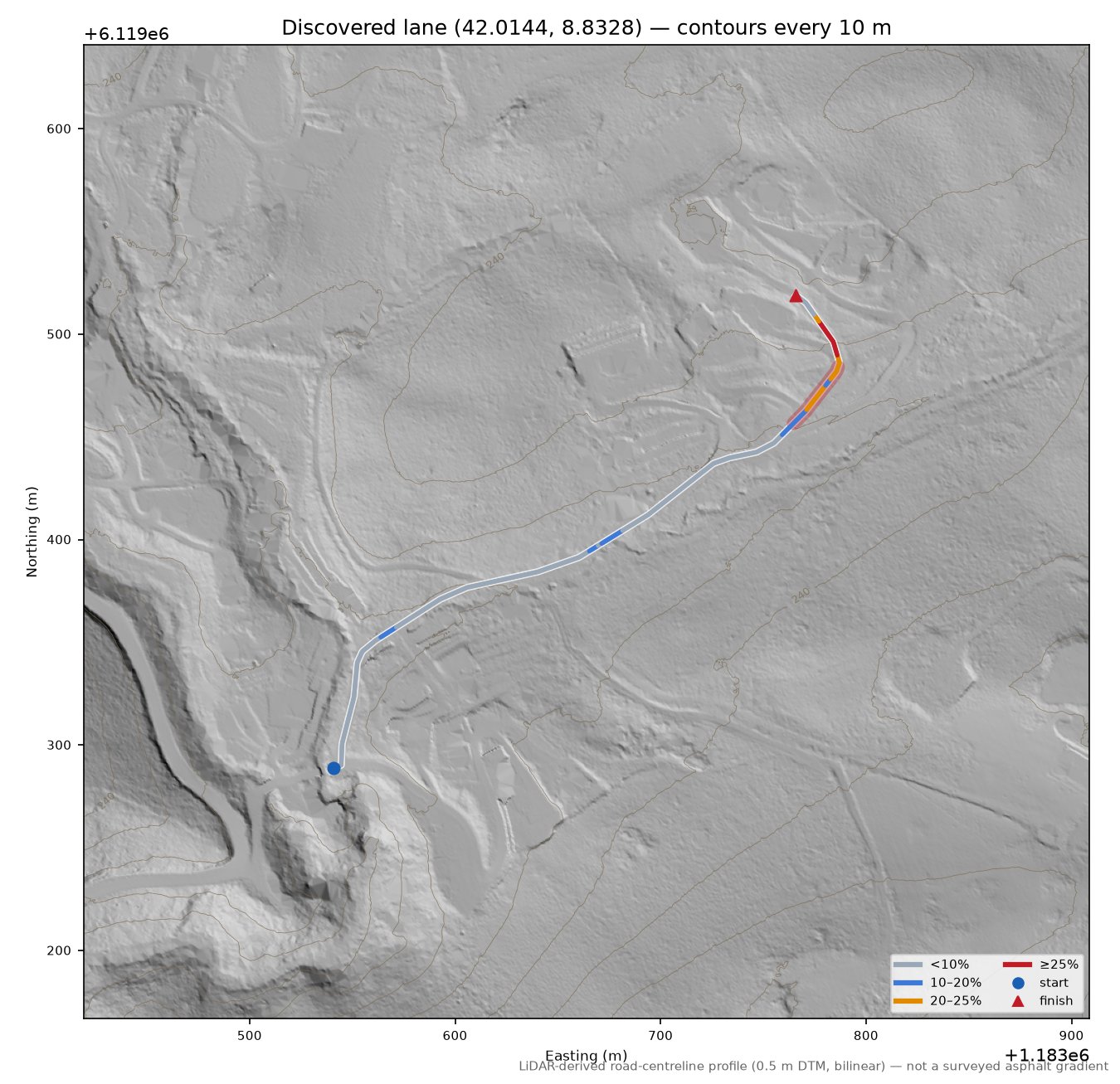 Discovered lane (42.0144, 8.8328) LiDAR hillshade map with contours