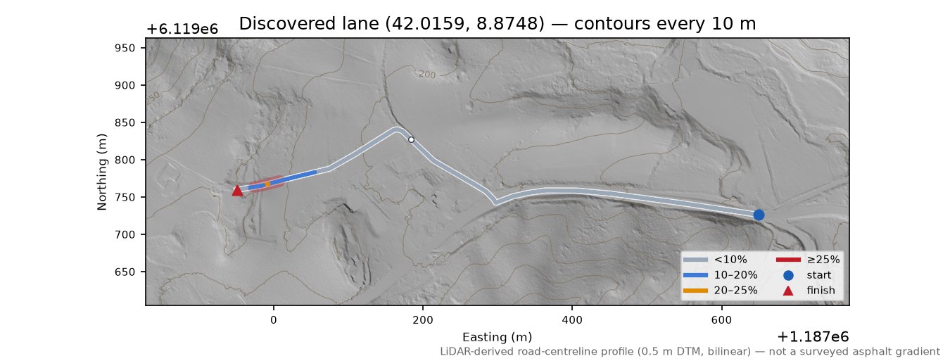 Discovered lane (42.0159, 8.8748) LiDAR hillshade map with contours