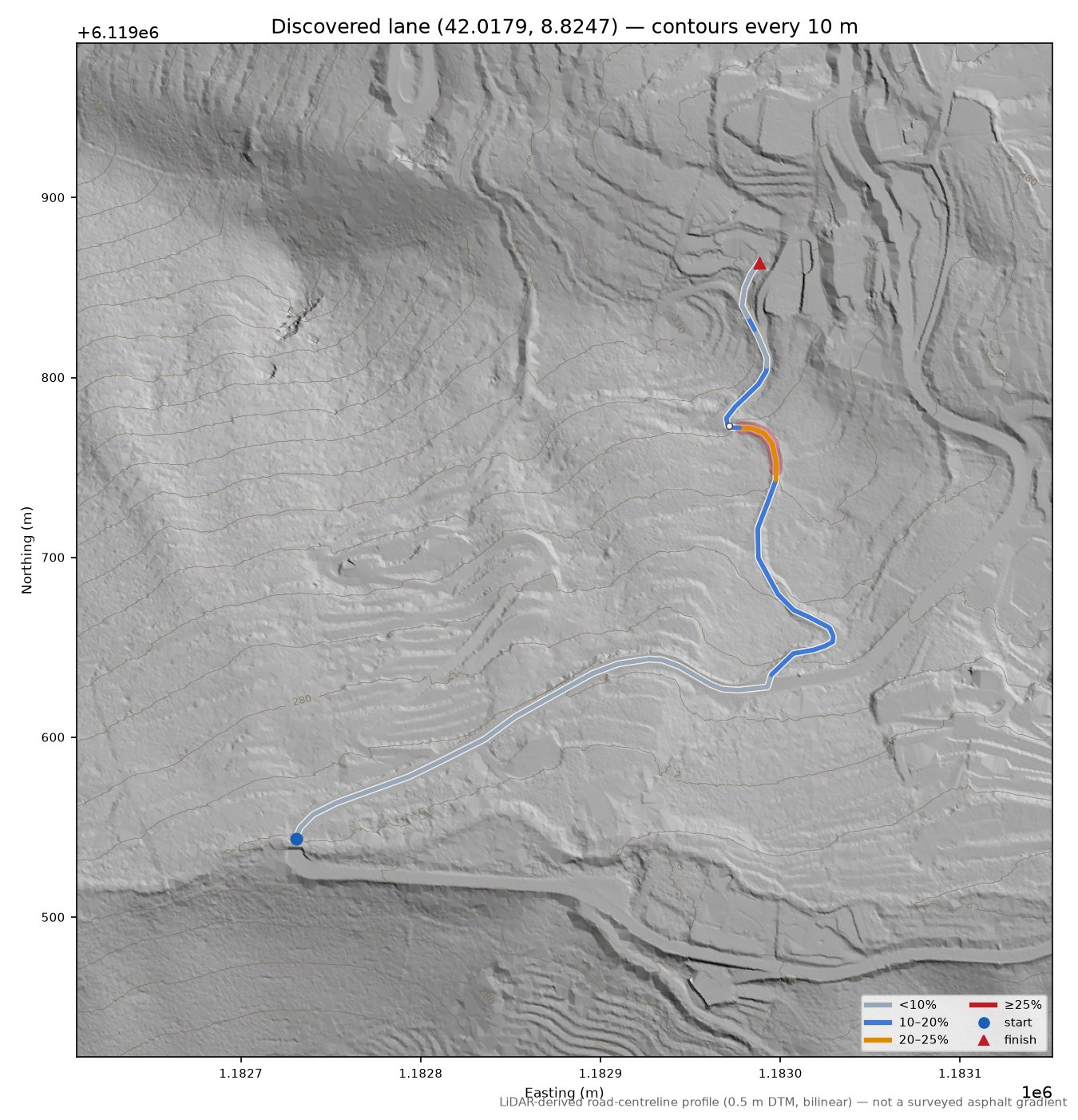 Discovered lane (42.0179, 8.8247) LiDAR hillshade map with contours