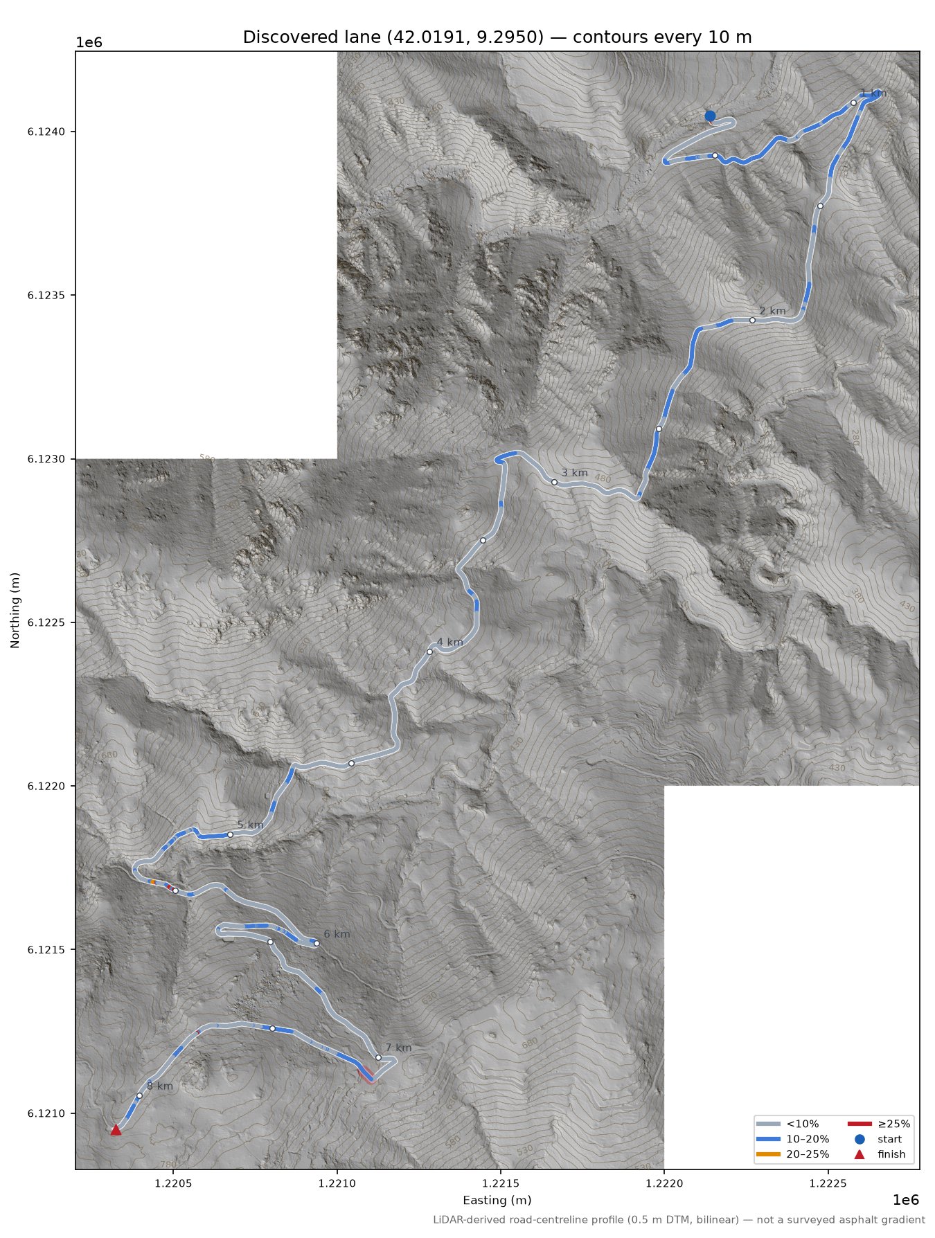 Discovered lane (42.0191, 9.2950) LiDAR hillshade map with contours