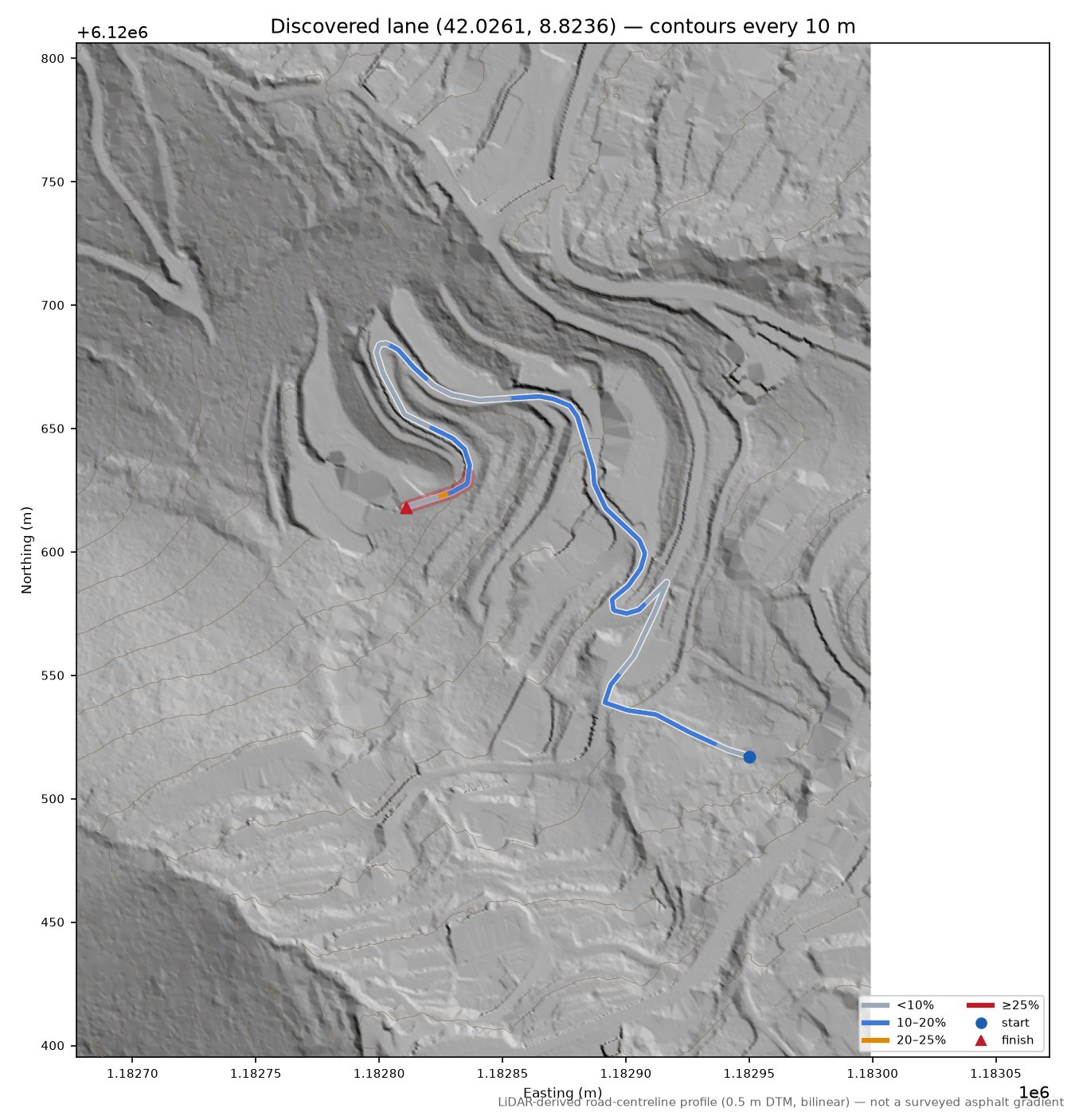 Discovered lane (42.0261, 8.8236) LiDAR hillshade map with contours