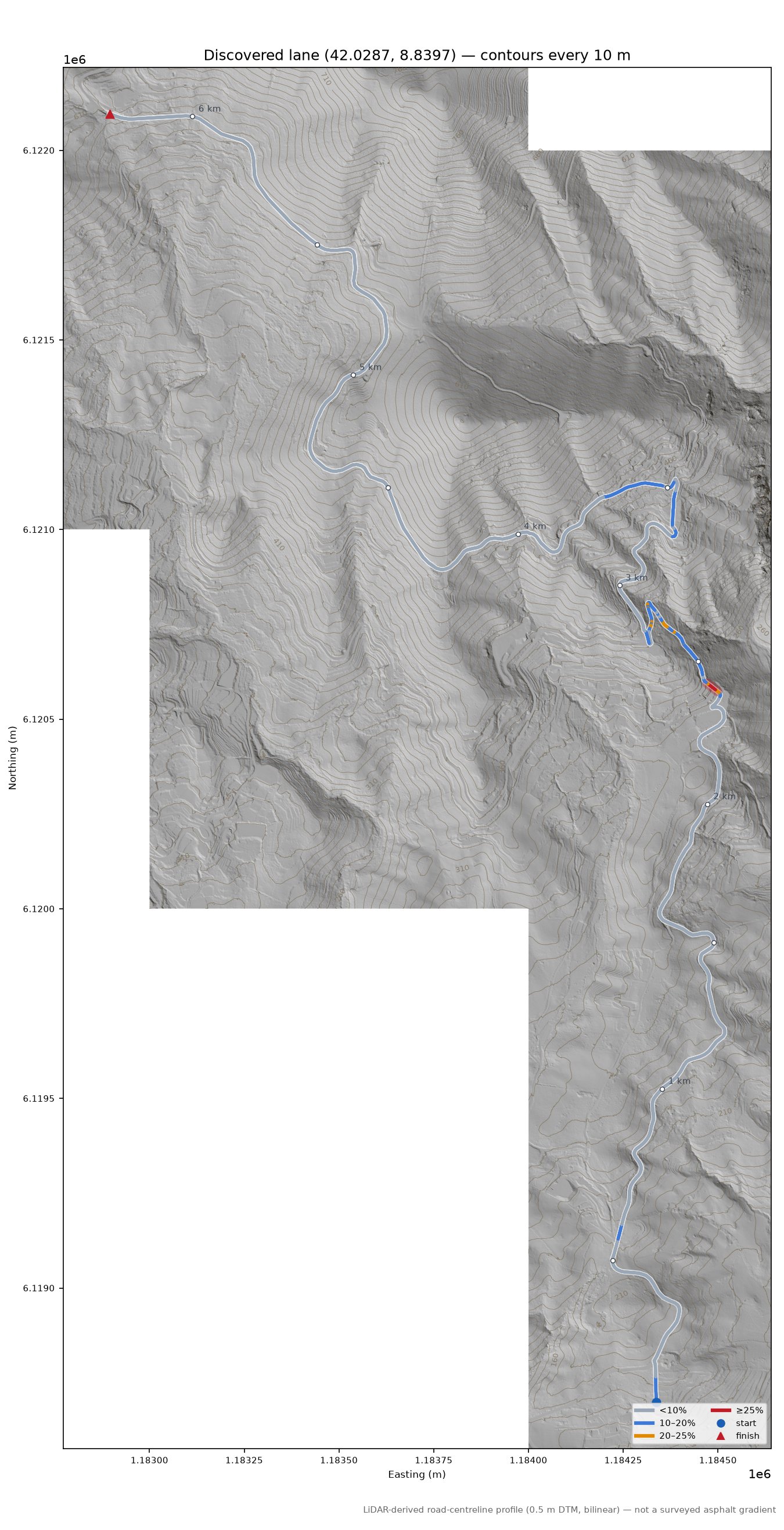 Discovered lane (42.0287, 8.8397) LiDAR hillshade map with contours