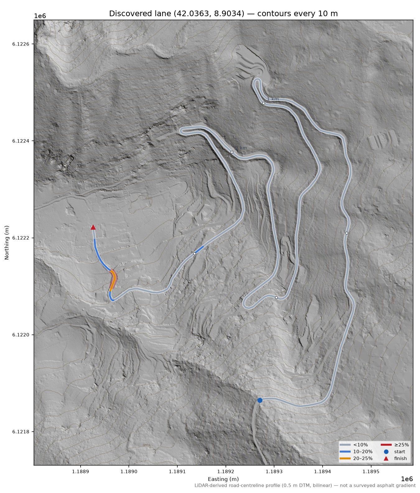 Discovered lane (42.0363, 8.9034) LiDAR hillshade map with contours