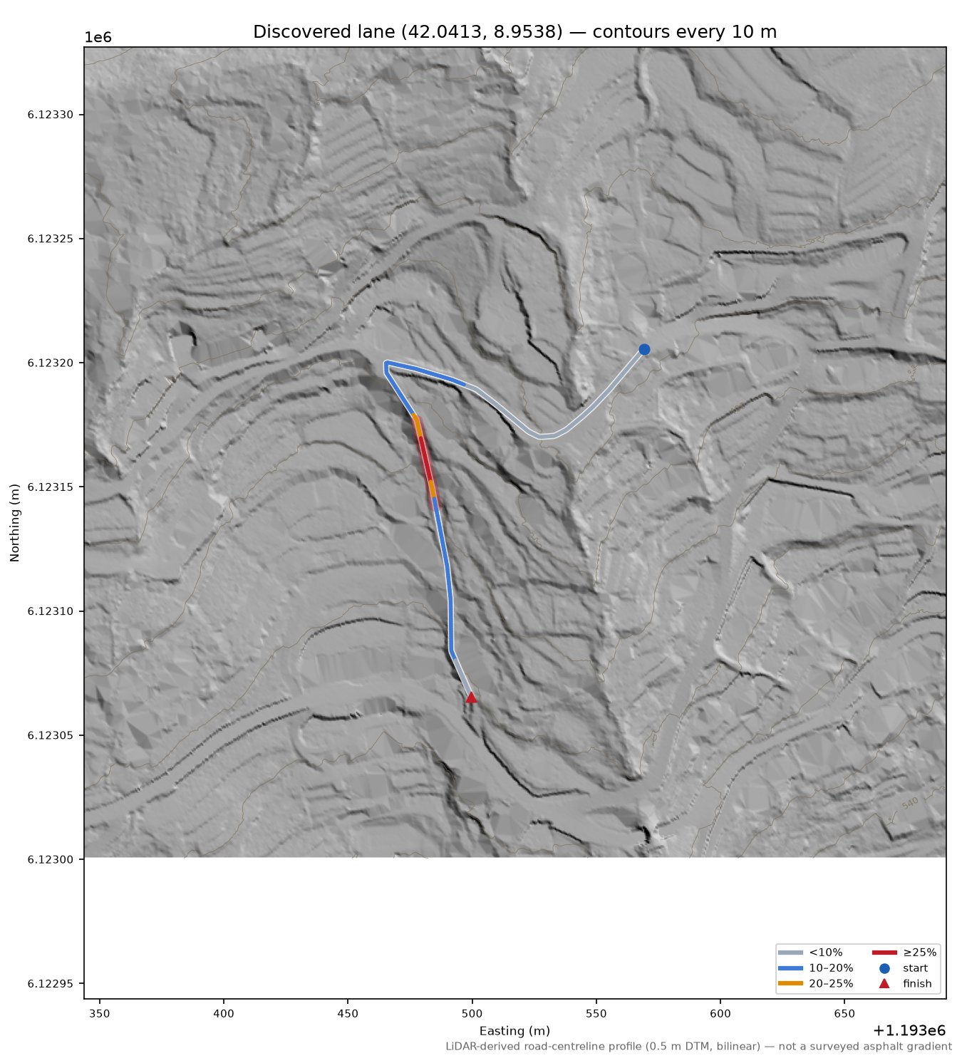 Discovered lane (42.0413, 8.9538) LiDAR hillshade map with contours