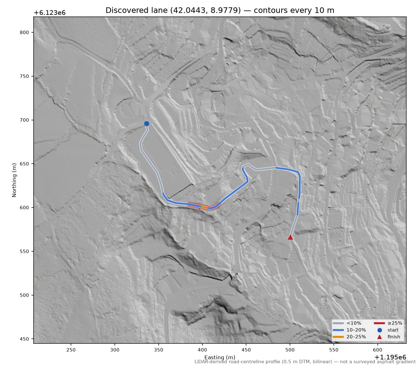Discovered lane (42.0443, 8.9779) LiDAR hillshade map with contours