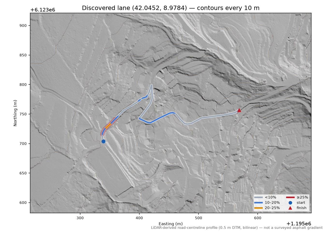 Discovered lane (42.0452, 8.9784) LiDAR hillshade map with contours