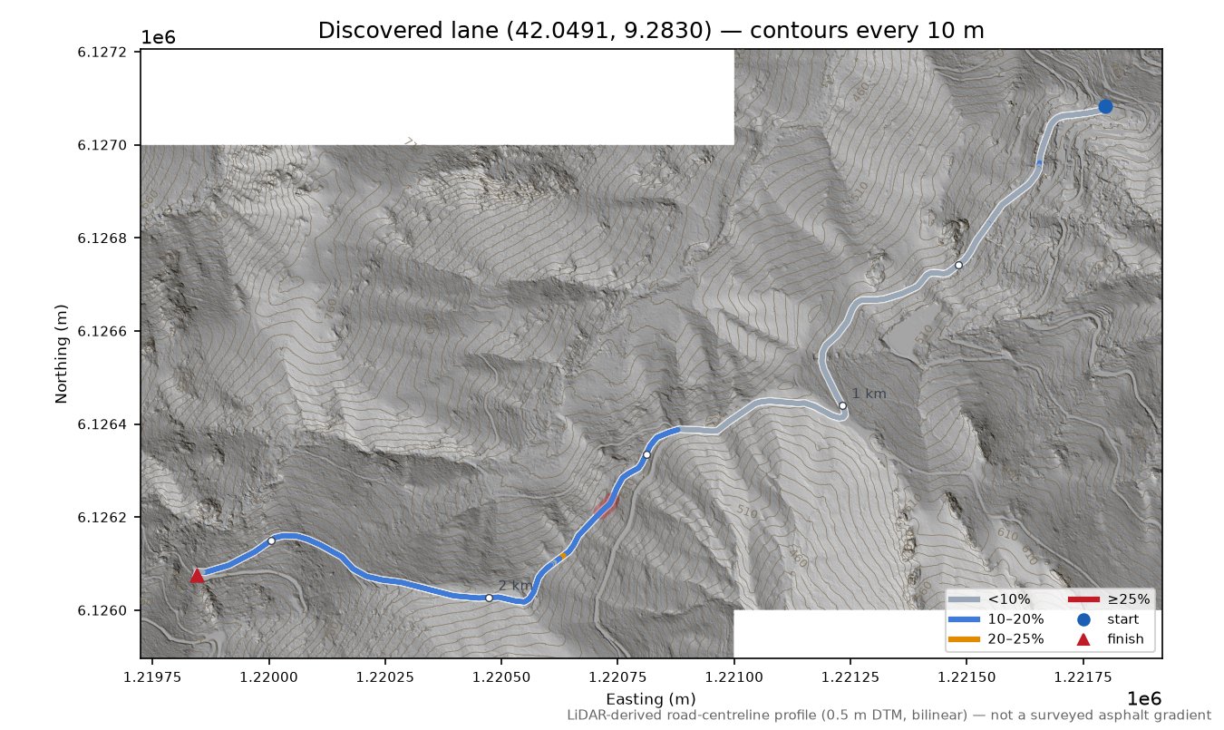 Discovered lane (42.0491, 9.2830) LiDAR hillshade map with contours