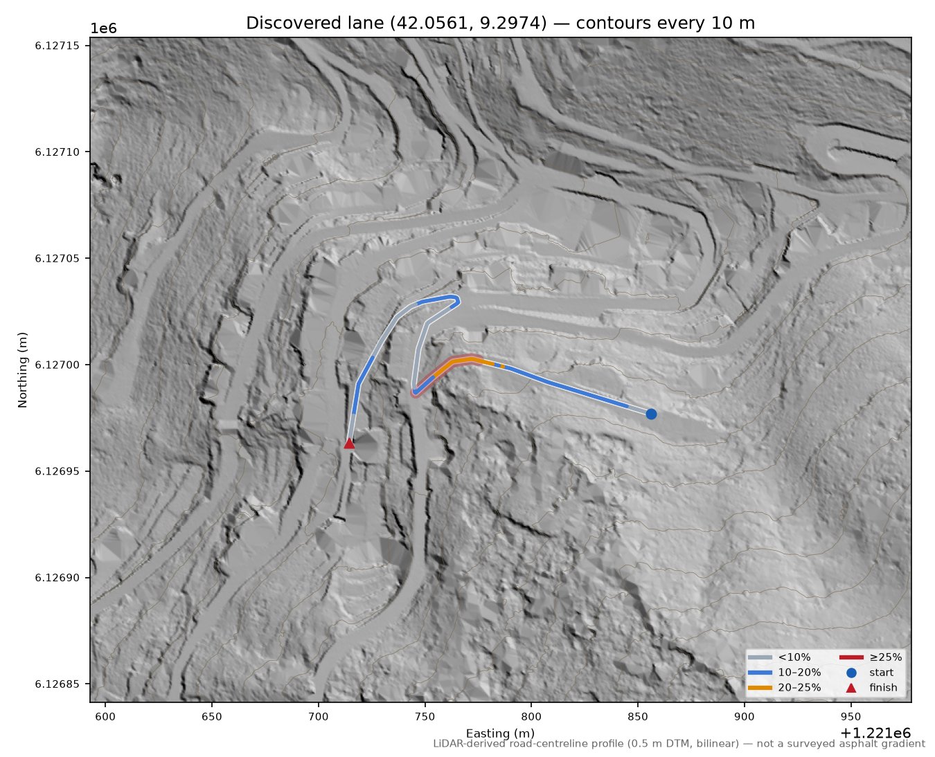 Discovered lane (42.0561, 9.2974) LiDAR hillshade map with contours