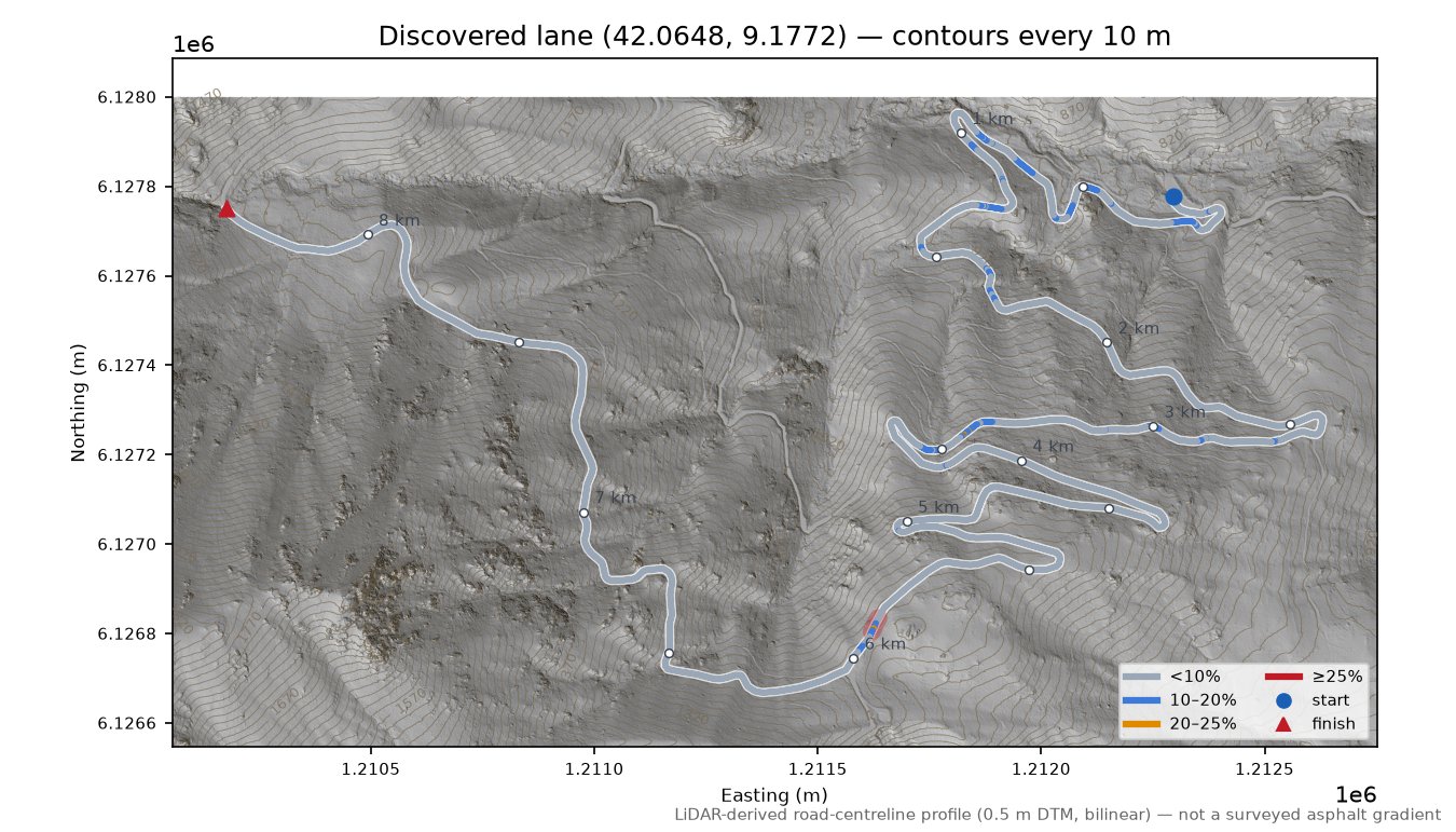 Discovered lane (42.0648, 9.1772) LiDAR hillshade map with contours