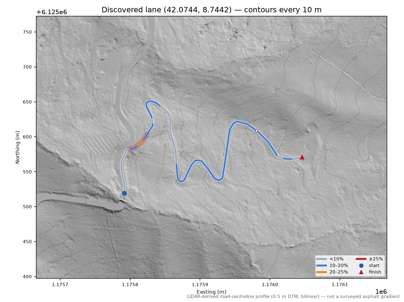 Discovered lane (42.0744, 8.7442) LiDAR hillshade map with contours