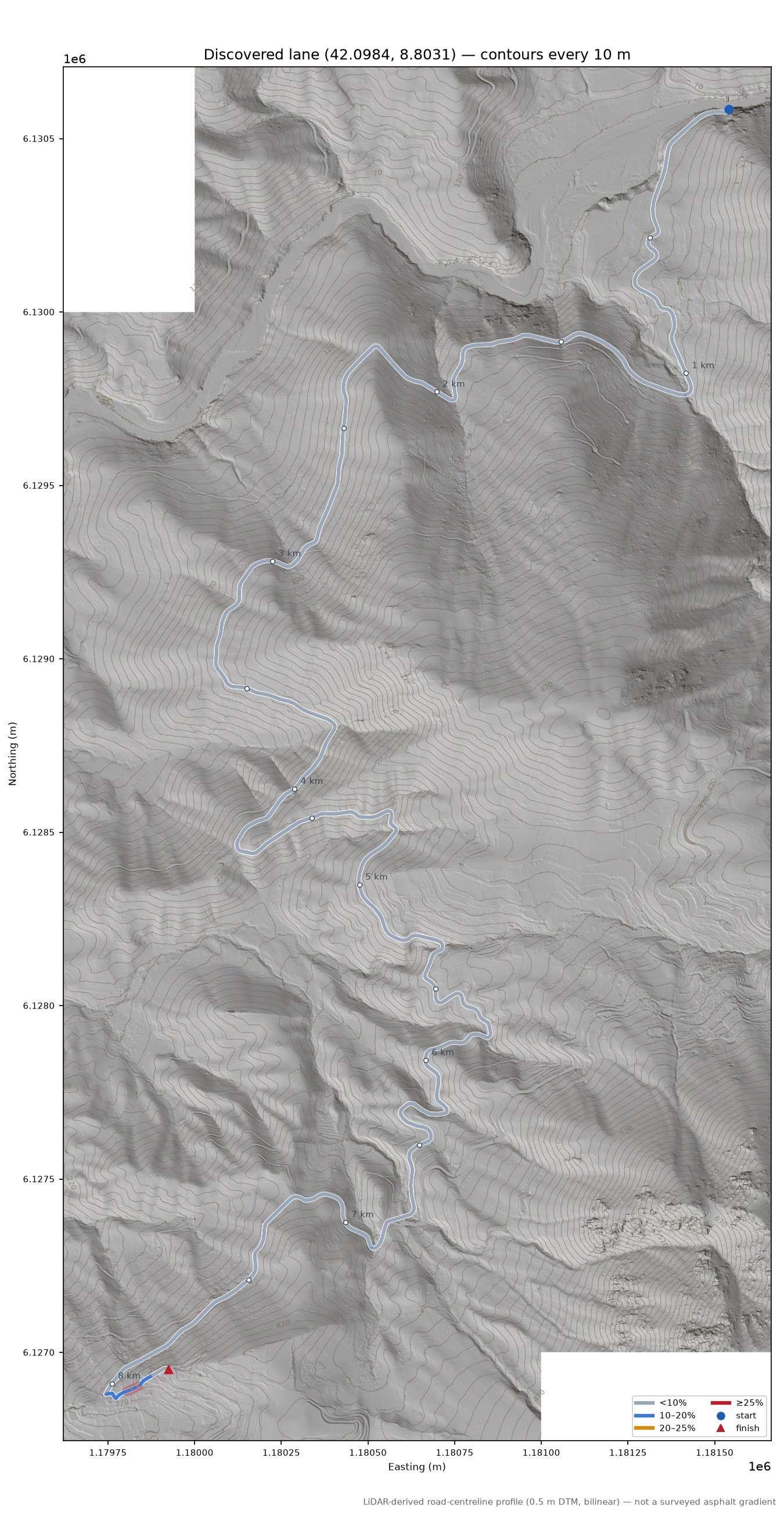 Discovered lane (42.0984, 8.8031) LiDAR hillshade map with contours
