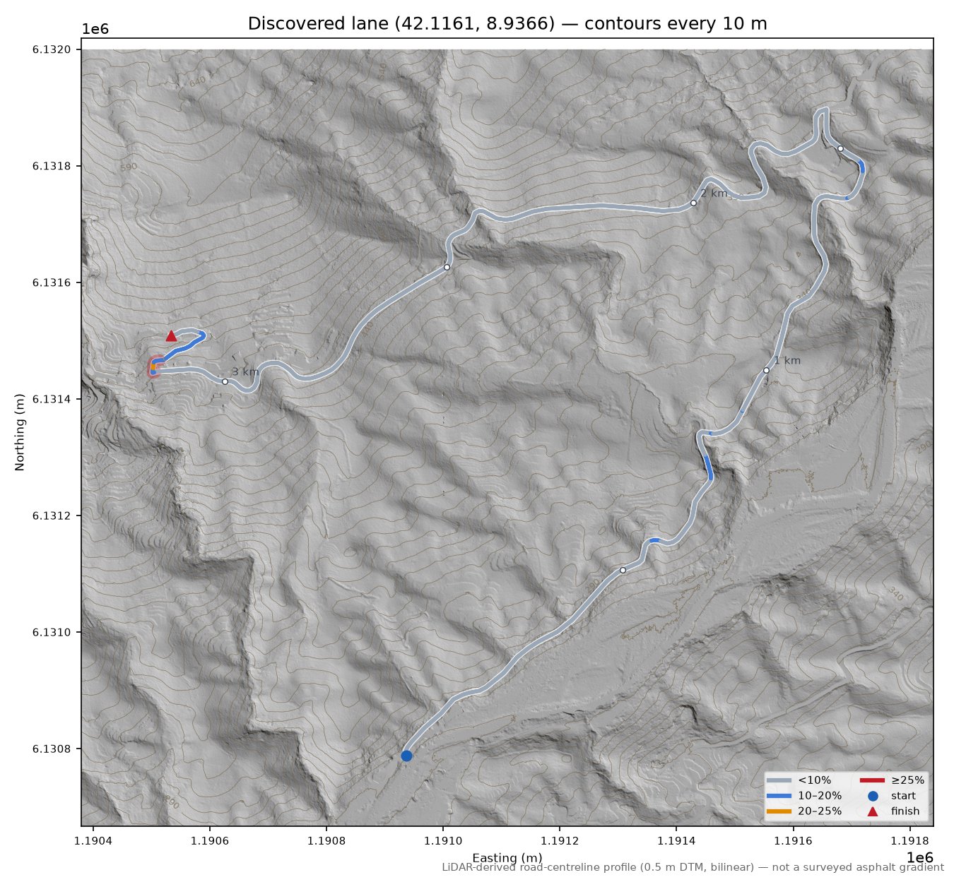Discovered lane (42.1161, 8.9366) LiDAR hillshade map with contours