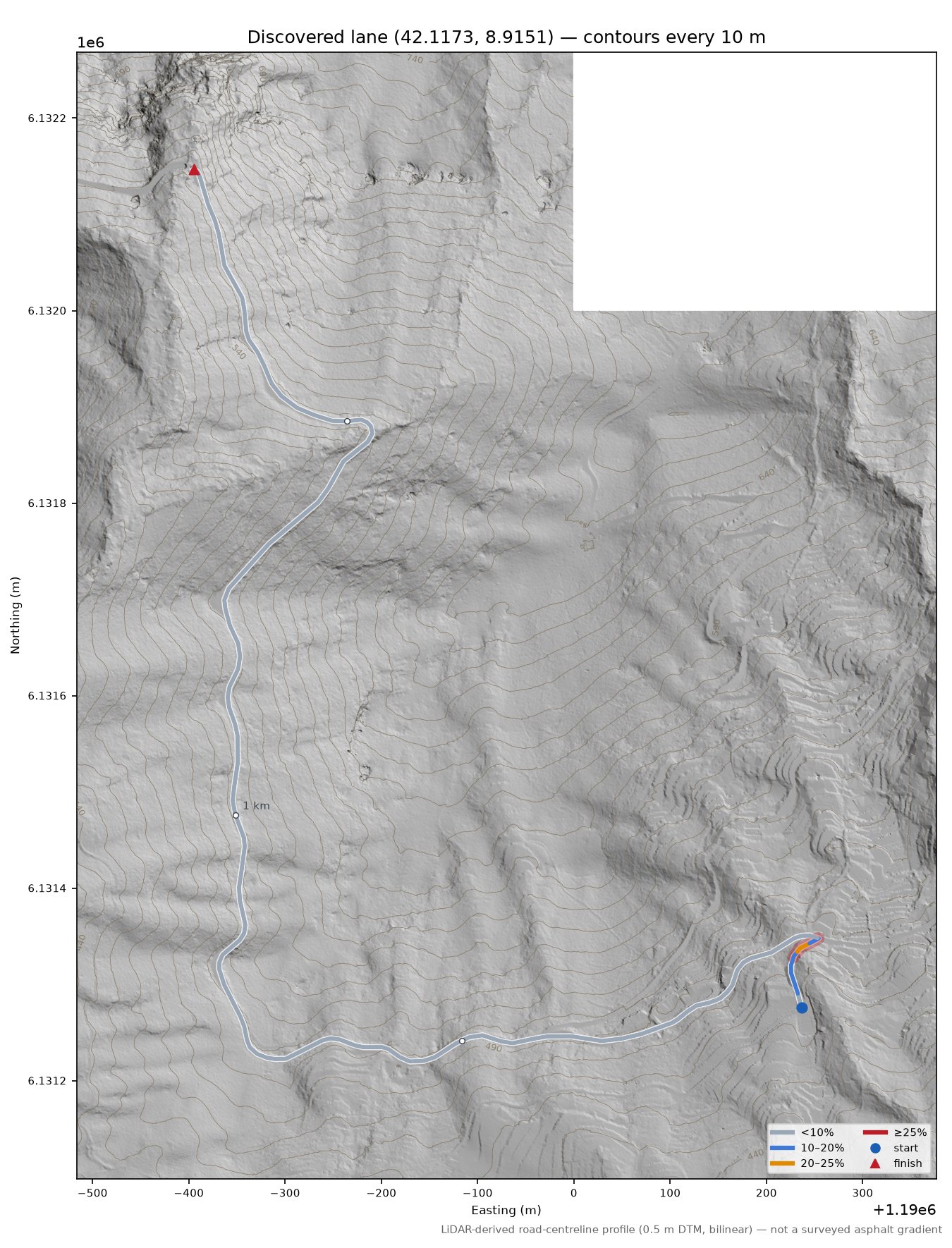 Discovered lane (42.1173, 8.9151) LiDAR hillshade map with contours