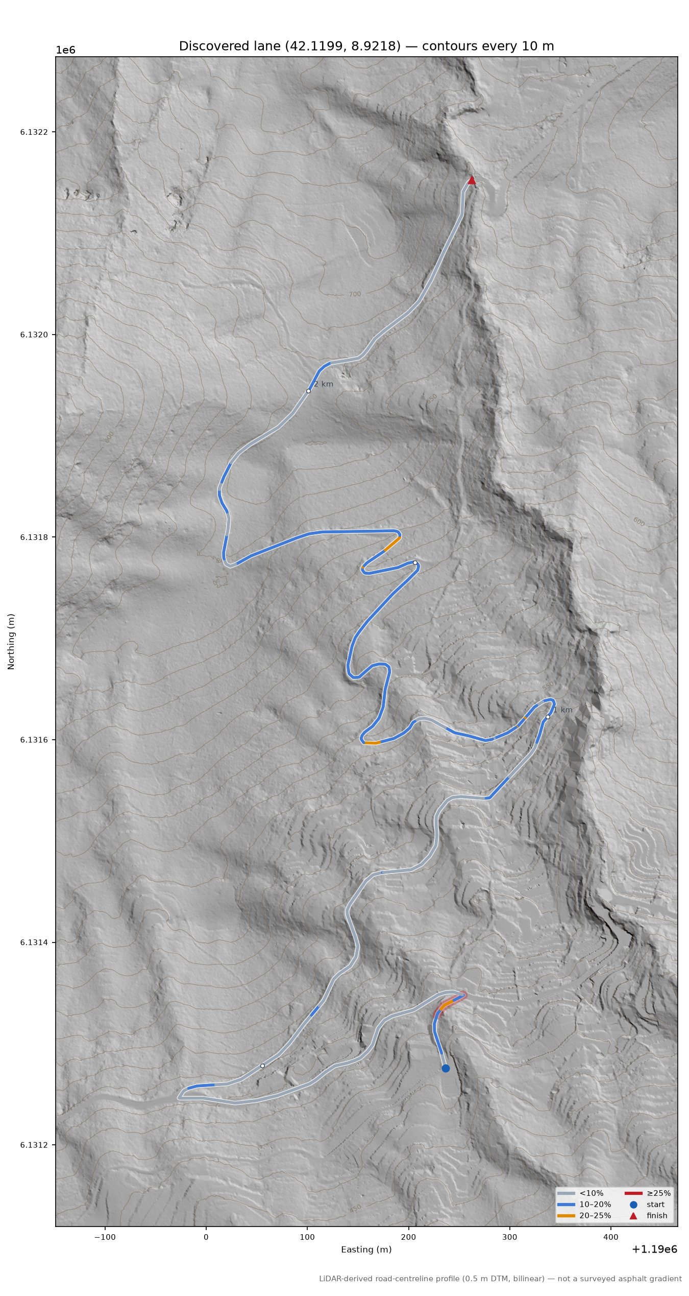 Discovered lane (42.1199, 8.9218) LiDAR hillshade map with contours