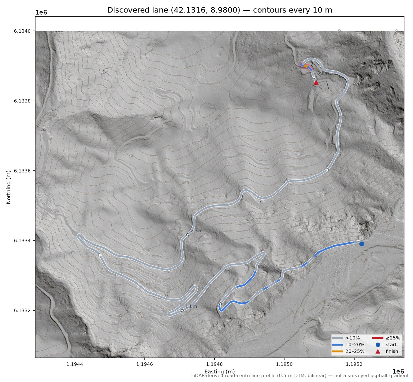 Discovered lane (42.1316, 8.9800) LiDAR hillshade map with contours