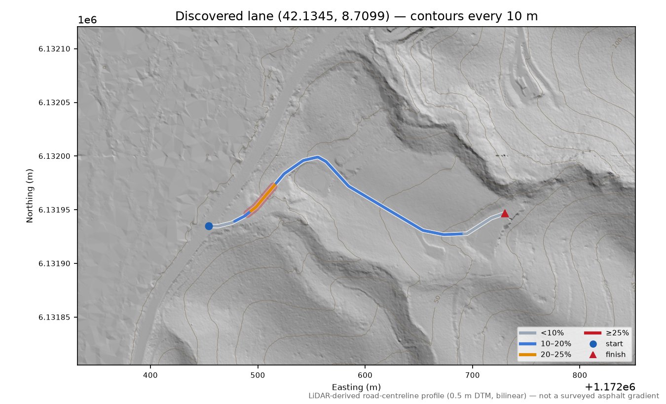 Discovered lane (42.1345, 8.7099) LiDAR hillshade map with contours
