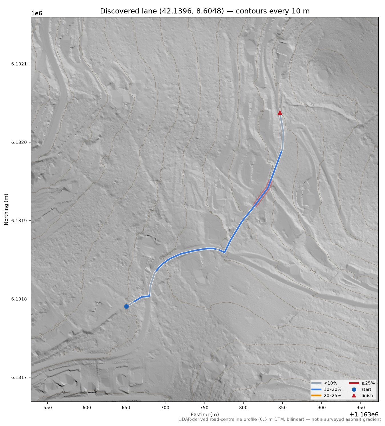 Discovered lane (42.1396, 8.6048) LiDAR hillshade map with contours