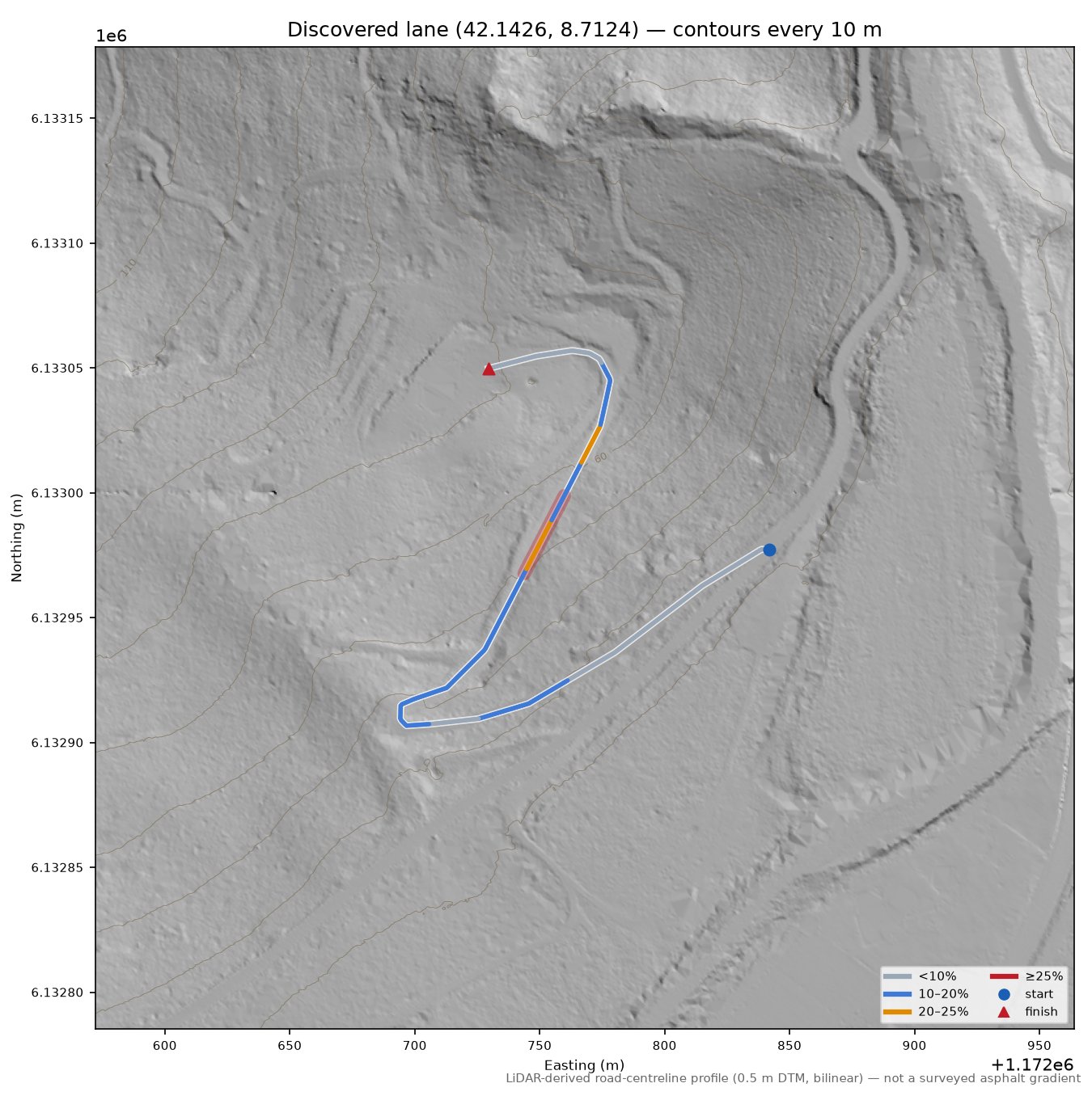 Discovered lane (42.1426, 8.7124) LiDAR hillshade map with contours