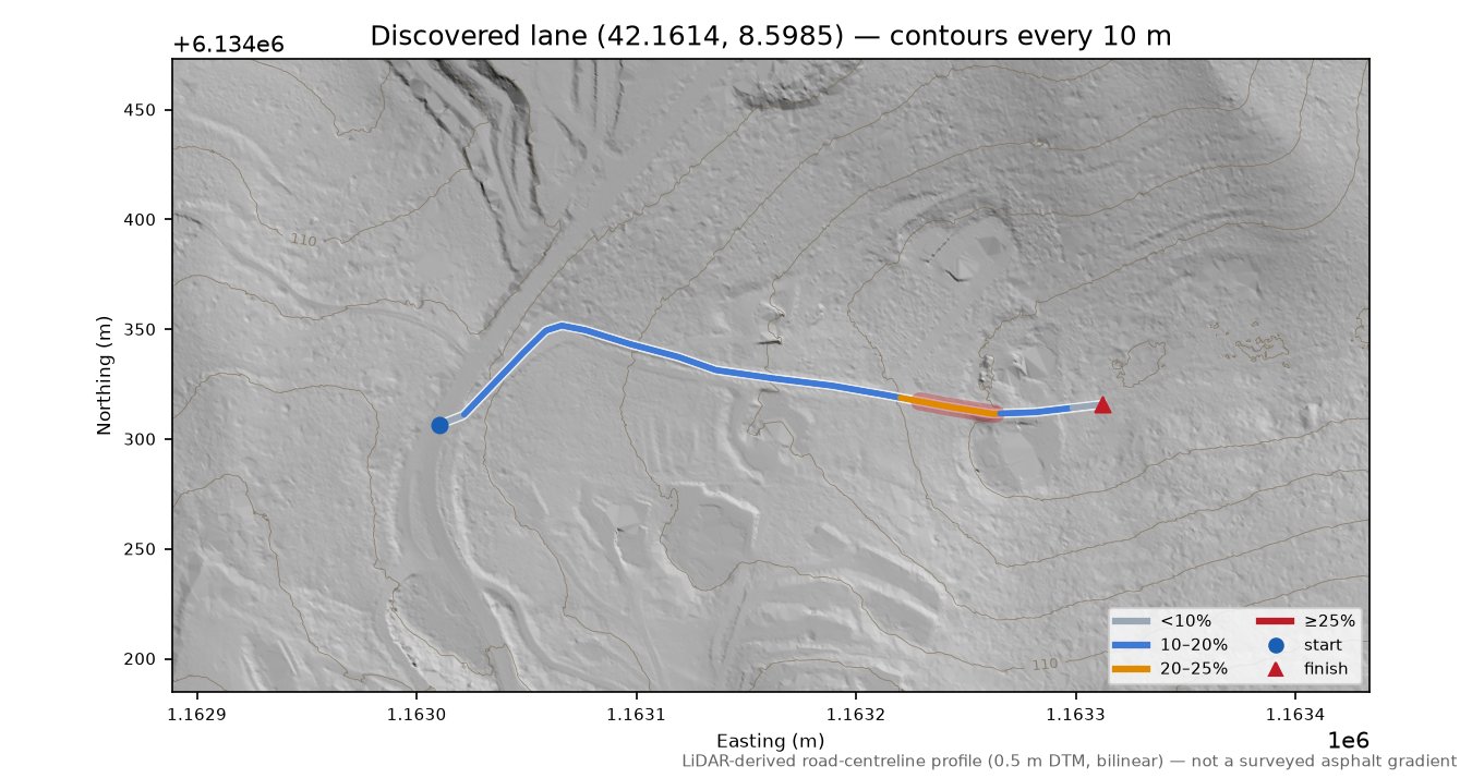 Discovered lane (42.1614, 8.5985) LiDAR hillshade map with contours