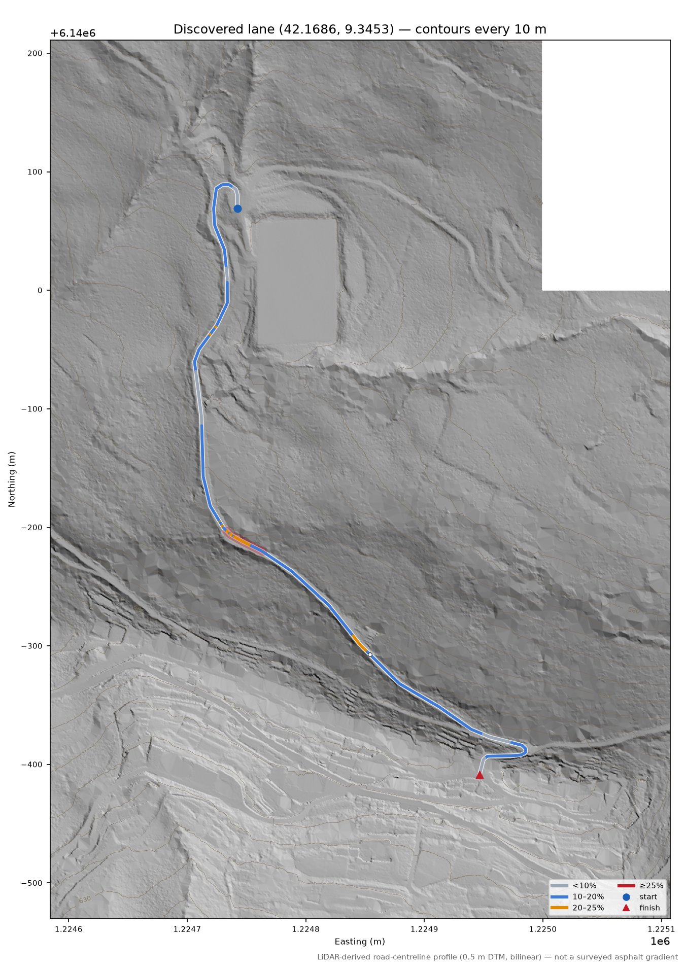 Discovered lane (42.1686, 9.3453) LiDAR hillshade map with contours