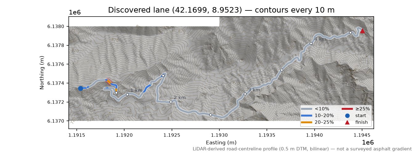 Discovered lane (42.1699, 8.9523) LiDAR hillshade map with contours