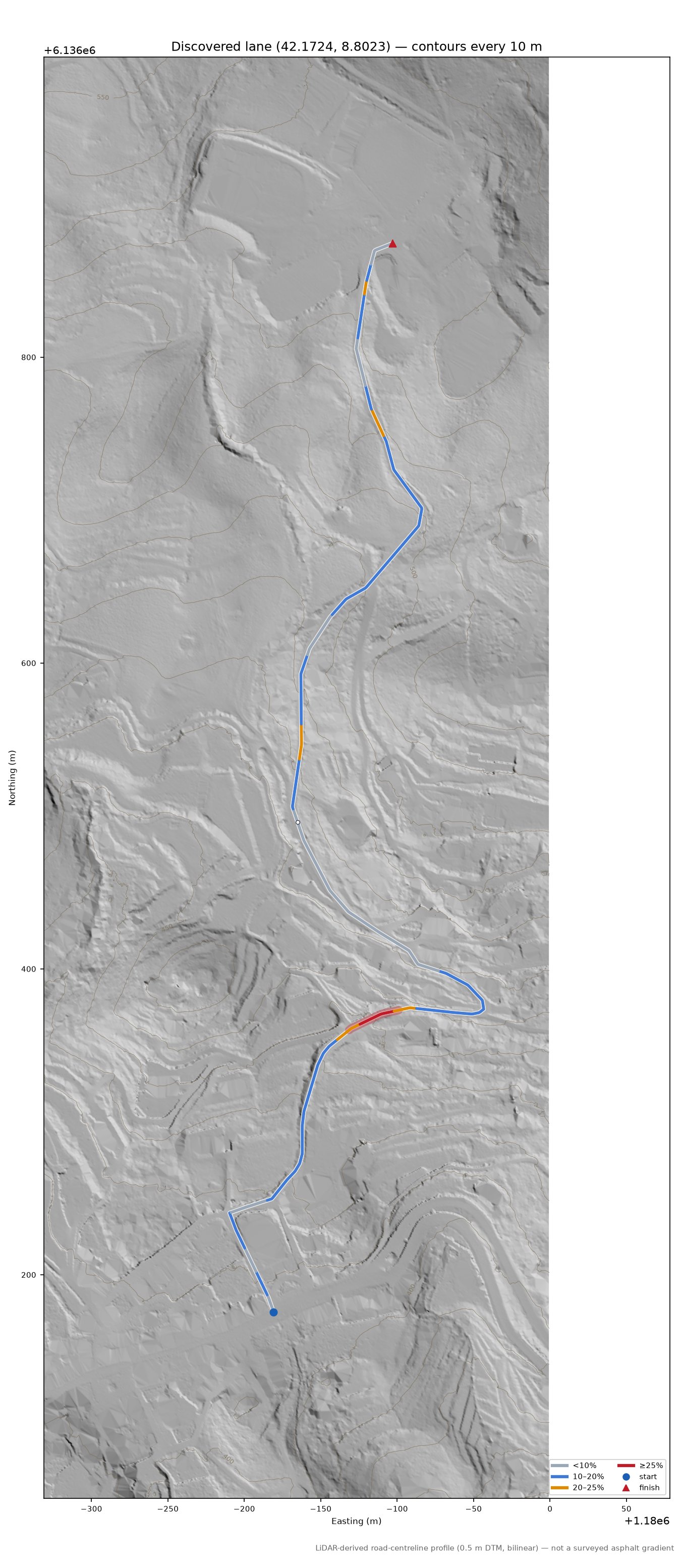Discovered lane (42.1724, 8.8023) LiDAR hillshade map with contours
