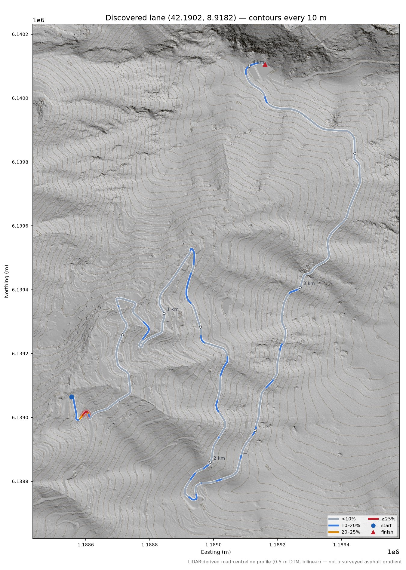 Discovered lane (42.1902, 8.9182) LiDAR hillshade map with contours
