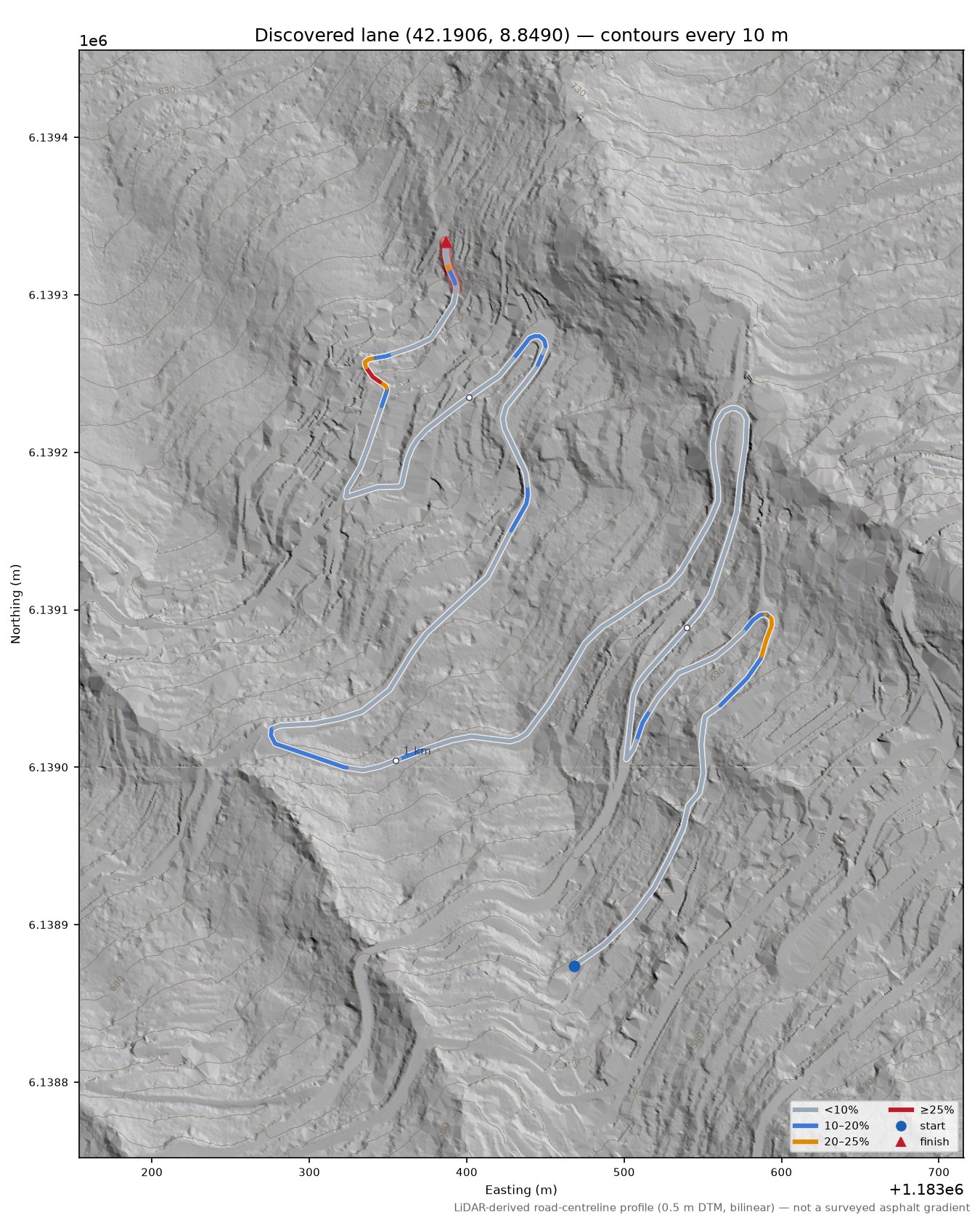Discovered lane (42.1906, 8.8490) LiDAR hillshade map with contours