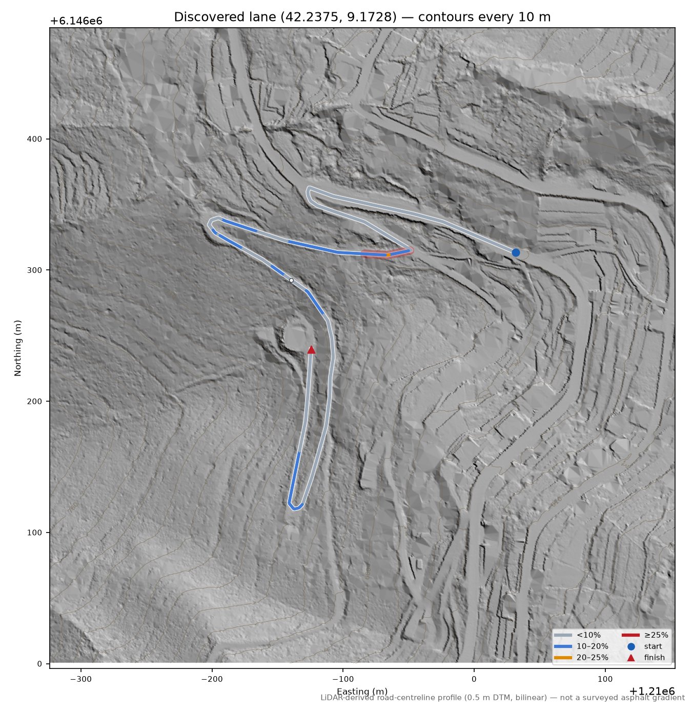 Discovered lane (42.2375, 9.1728) LiDAR hillshade map with contours
