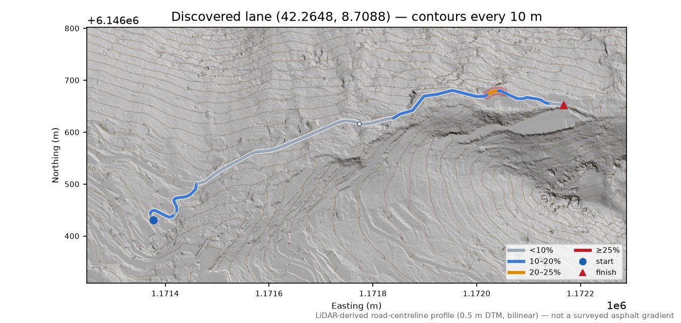 Discovered lane (42.2648, 8.7088) LiDAR hillshade map with contours
