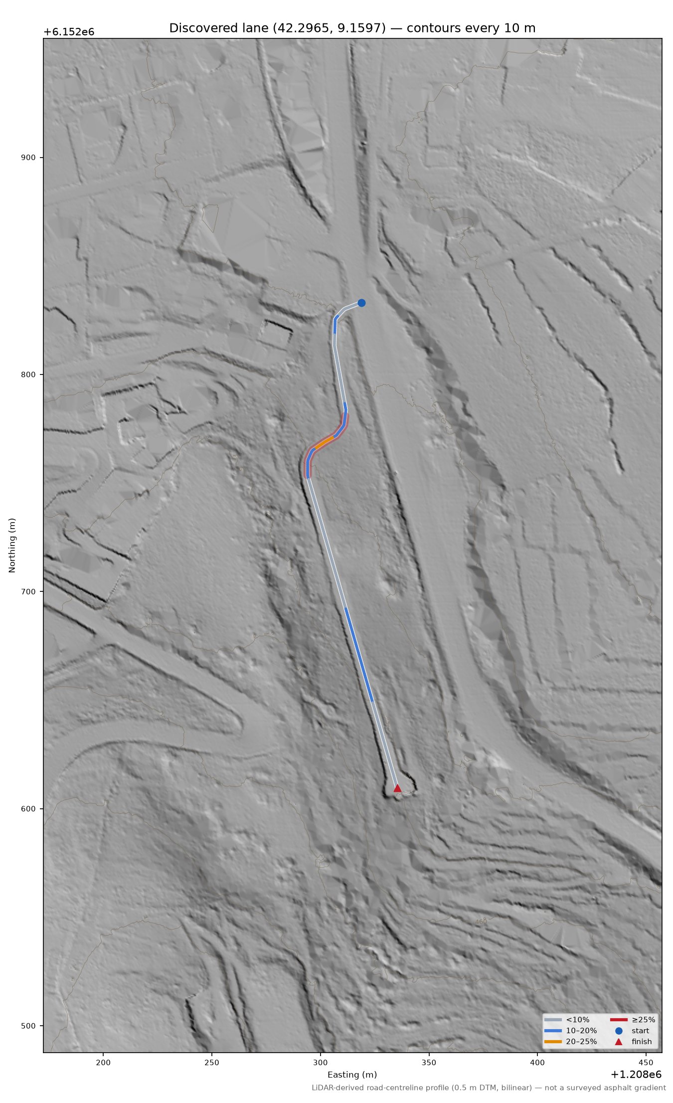 Discovered lane (42.2965, 9.1597) LiDAR hillshade map with contours
